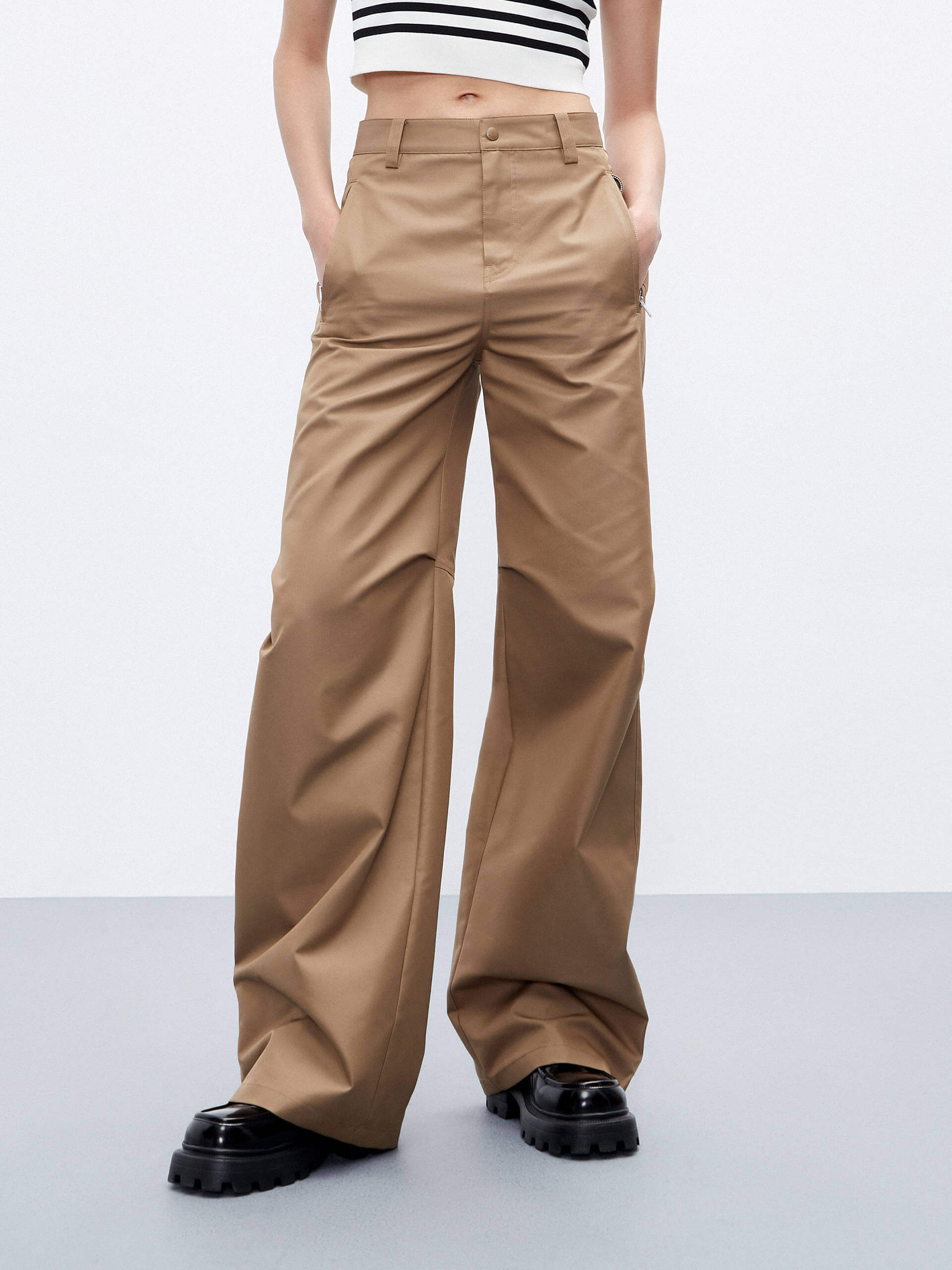 MO&Co. Women's High Waisted Knee Pleated Straight Pants Urbancore in Camel