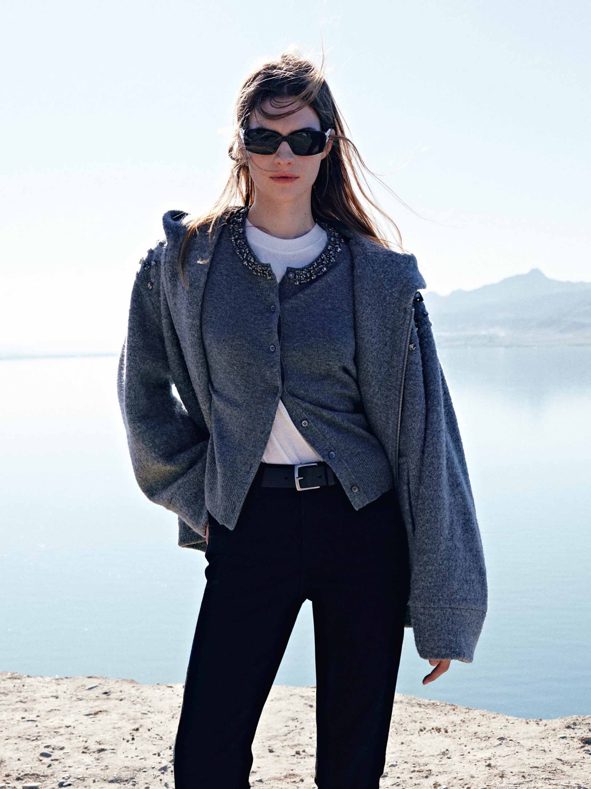 MO&Co. Women's Pure Merino Wool Hooded Zip Jacket with Crystal Details