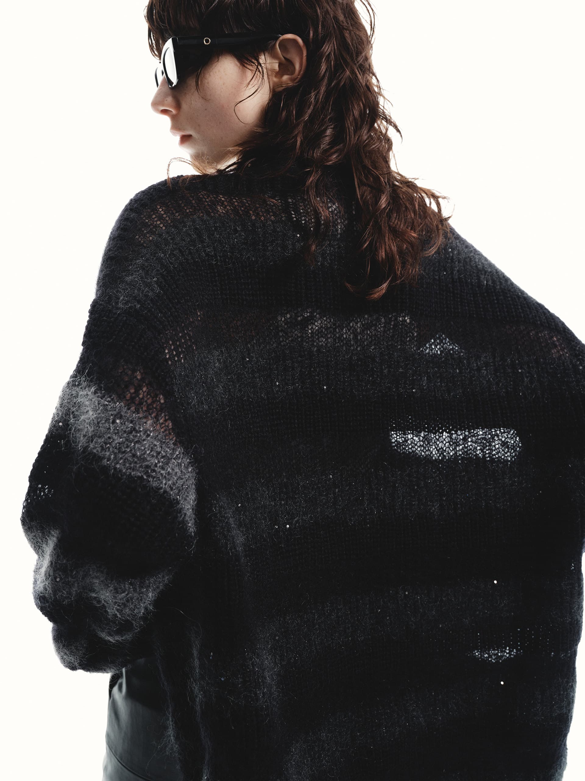 MO&Co. Women's Loose V-neck Distressed Sequin Detail Knit Cardigan