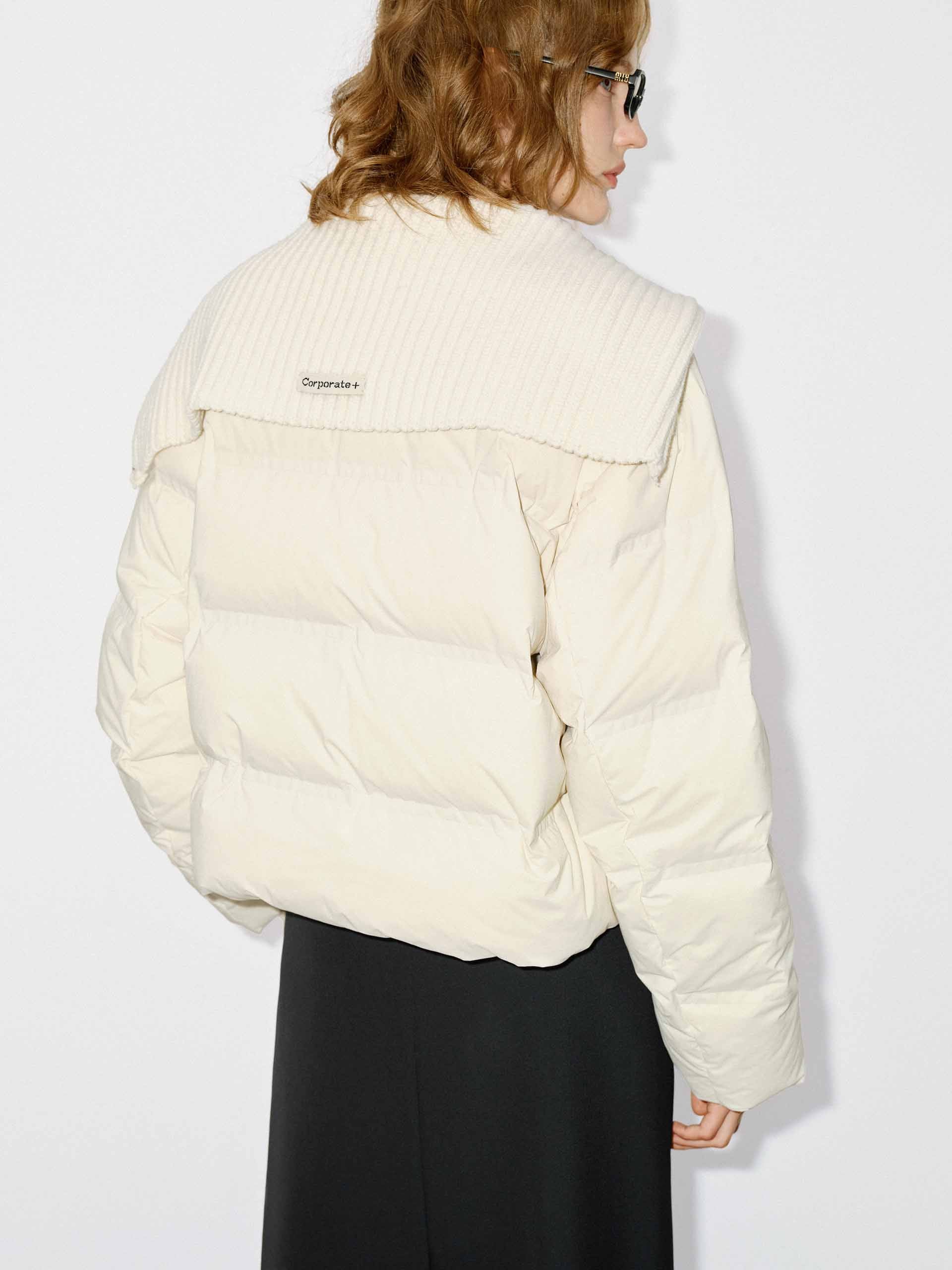 MO&Co. Women's Wool Ribbed Knit Collar Cropped Puff Down Jacket in Beige