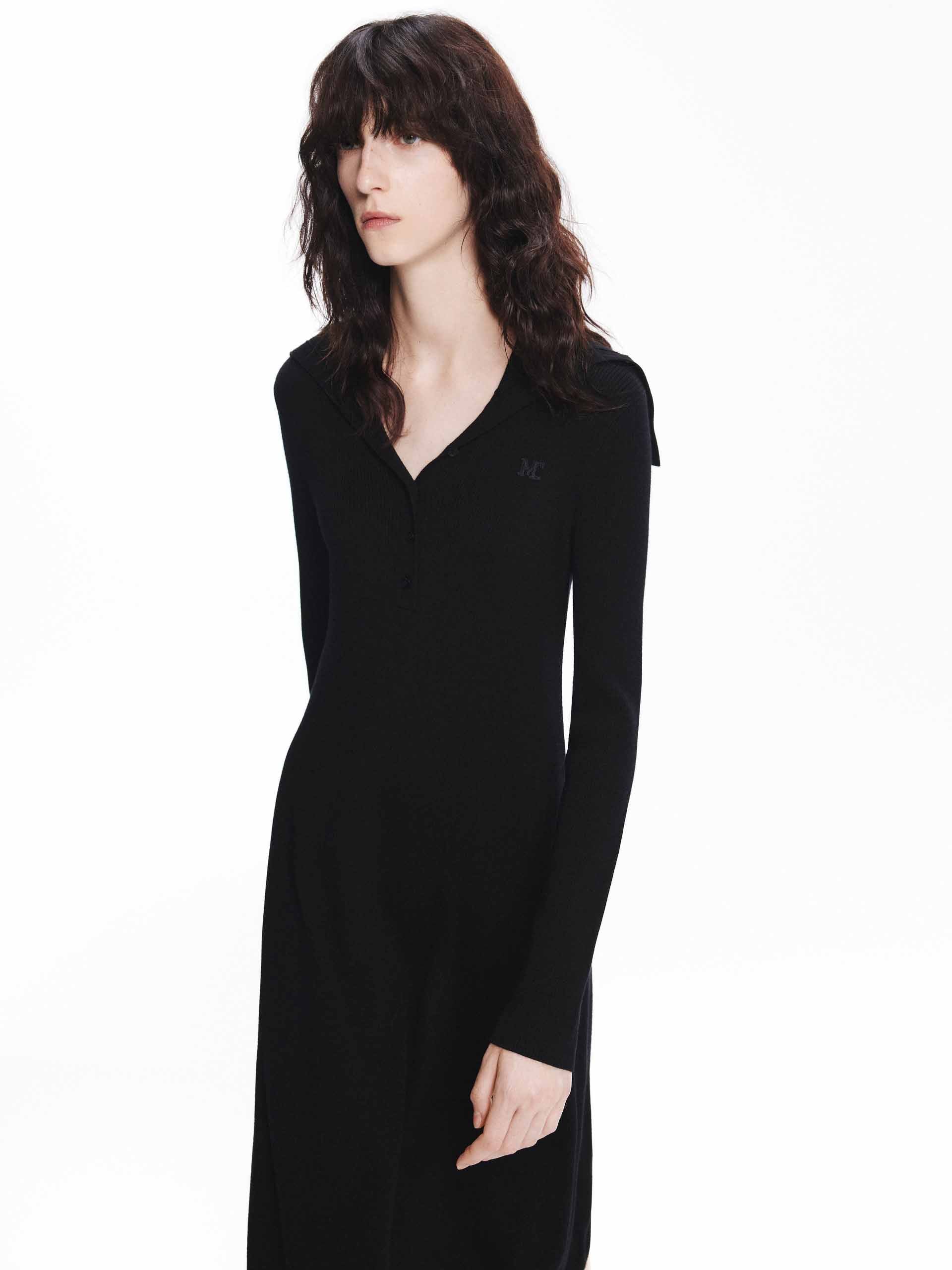 MO&Co. Women's Machine Washable 100% Wool Long Sleeves Midi Knit Dress in Black