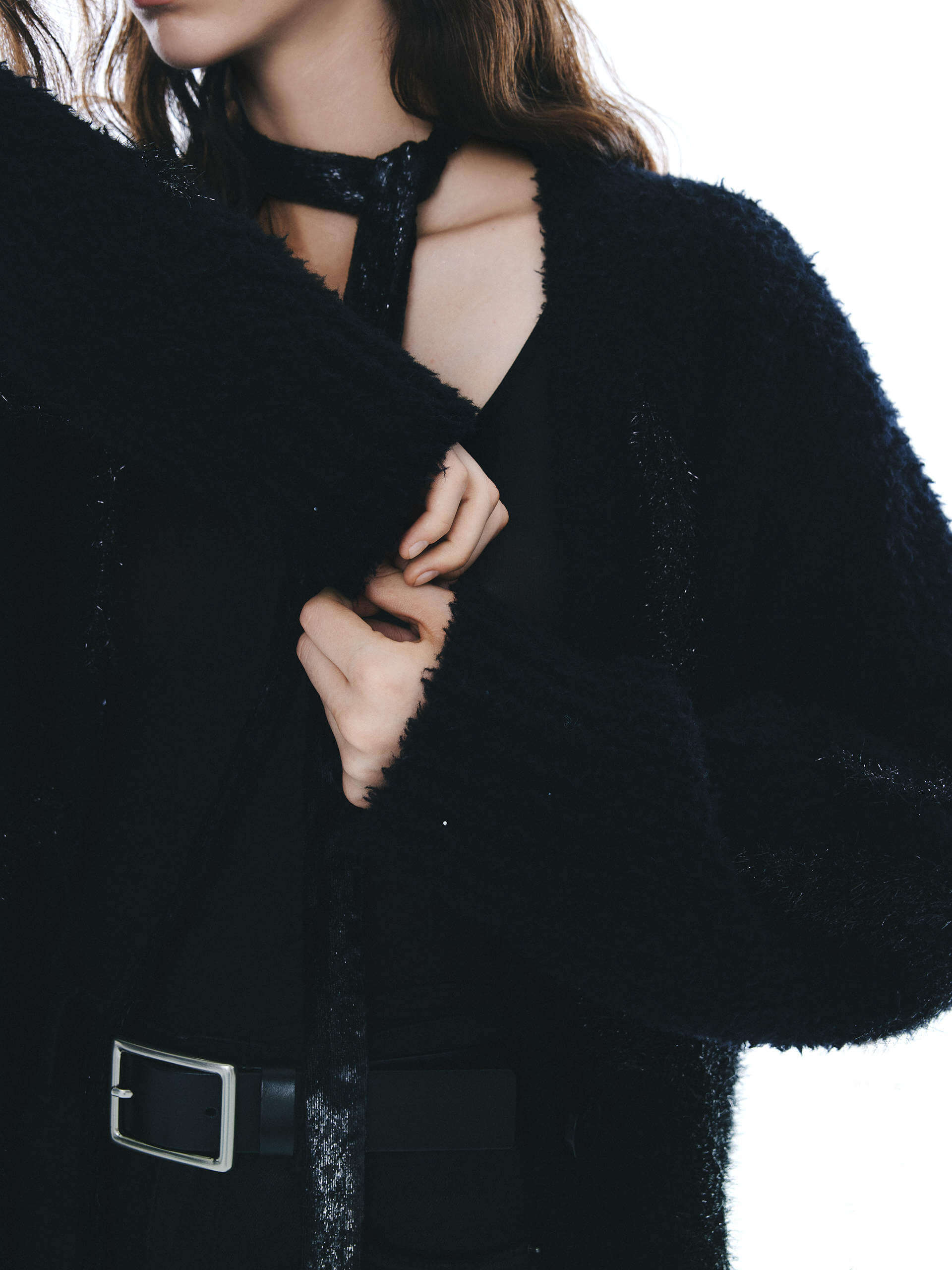 MO&Co. Noir Women's Oversized Fuzzy V Neck Knit Cardigan in Black with Star Guiltier Jacquard Details