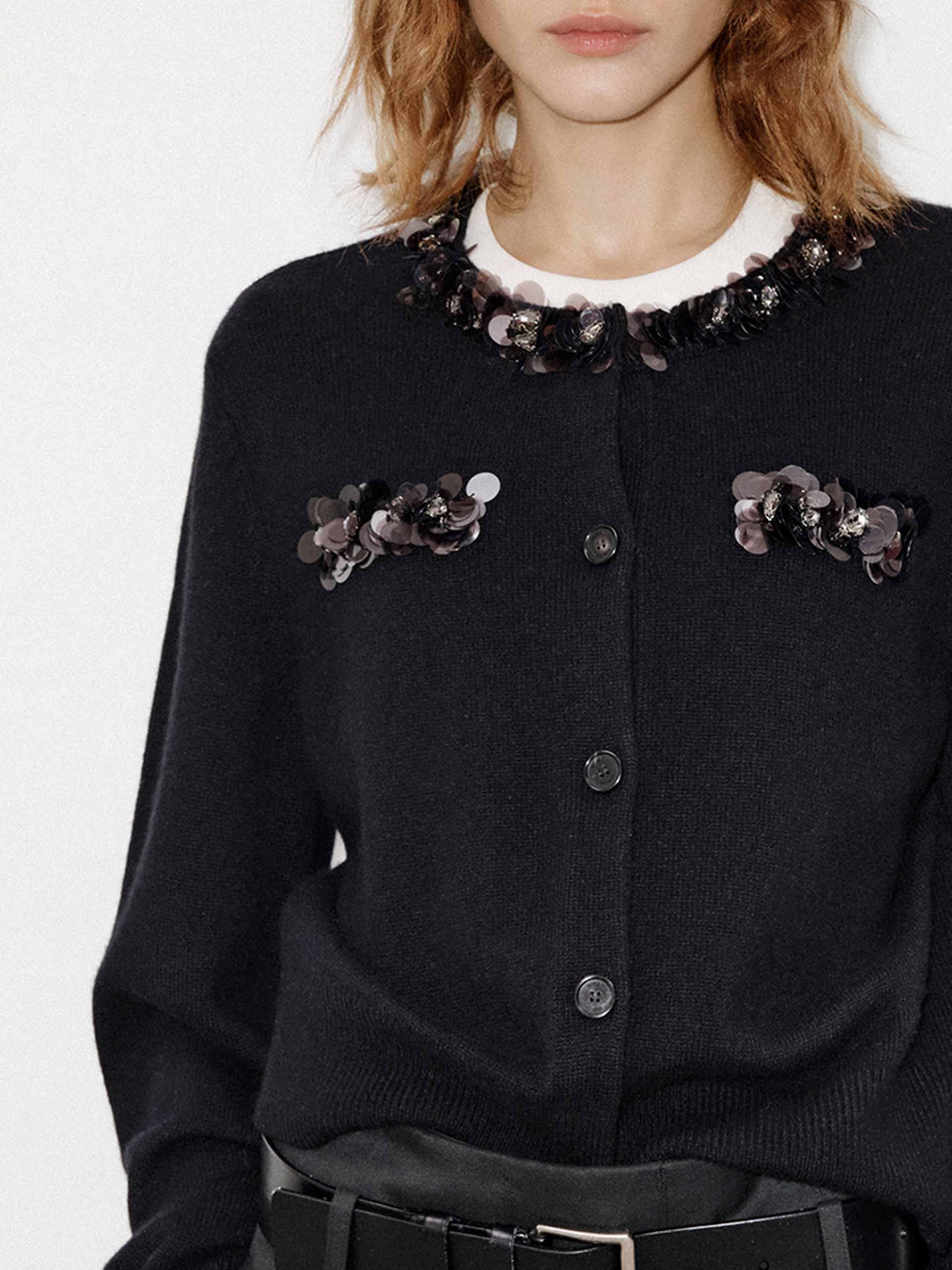 MO&Co. Women's Wool and Cashmere Blend Sequins Detail Close Fit Cardigan in Black