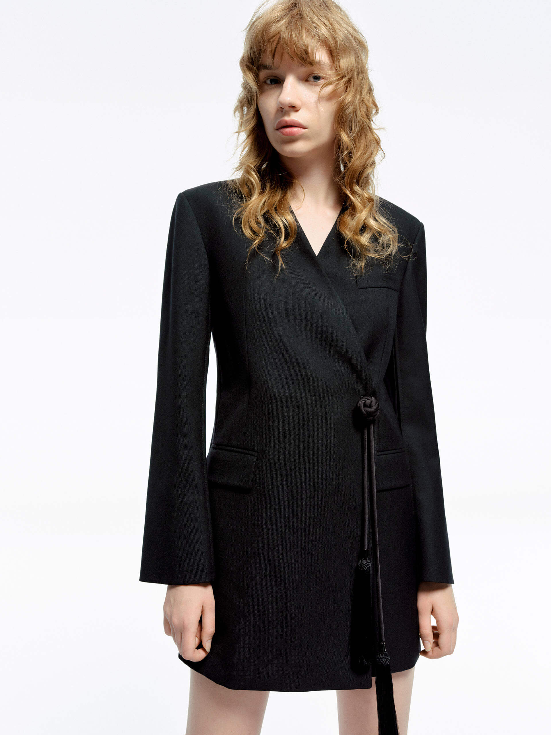 MO&Co. Women's Wool Blend Black Blazer Dress features long sleeves and wrap design