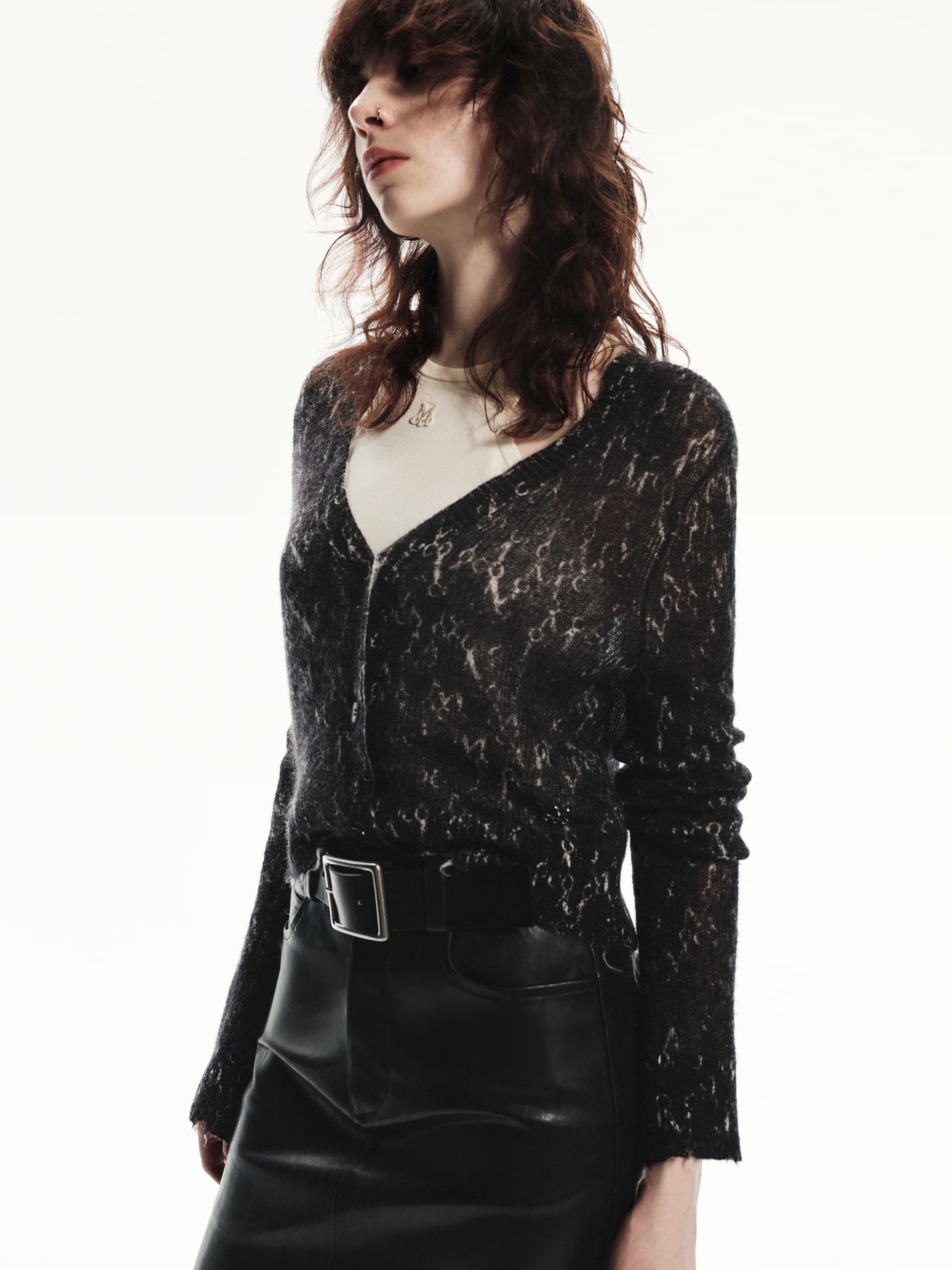 MO&Co. Women's Monogram V-neck Mohair Blend Fitted Knit Cardigan