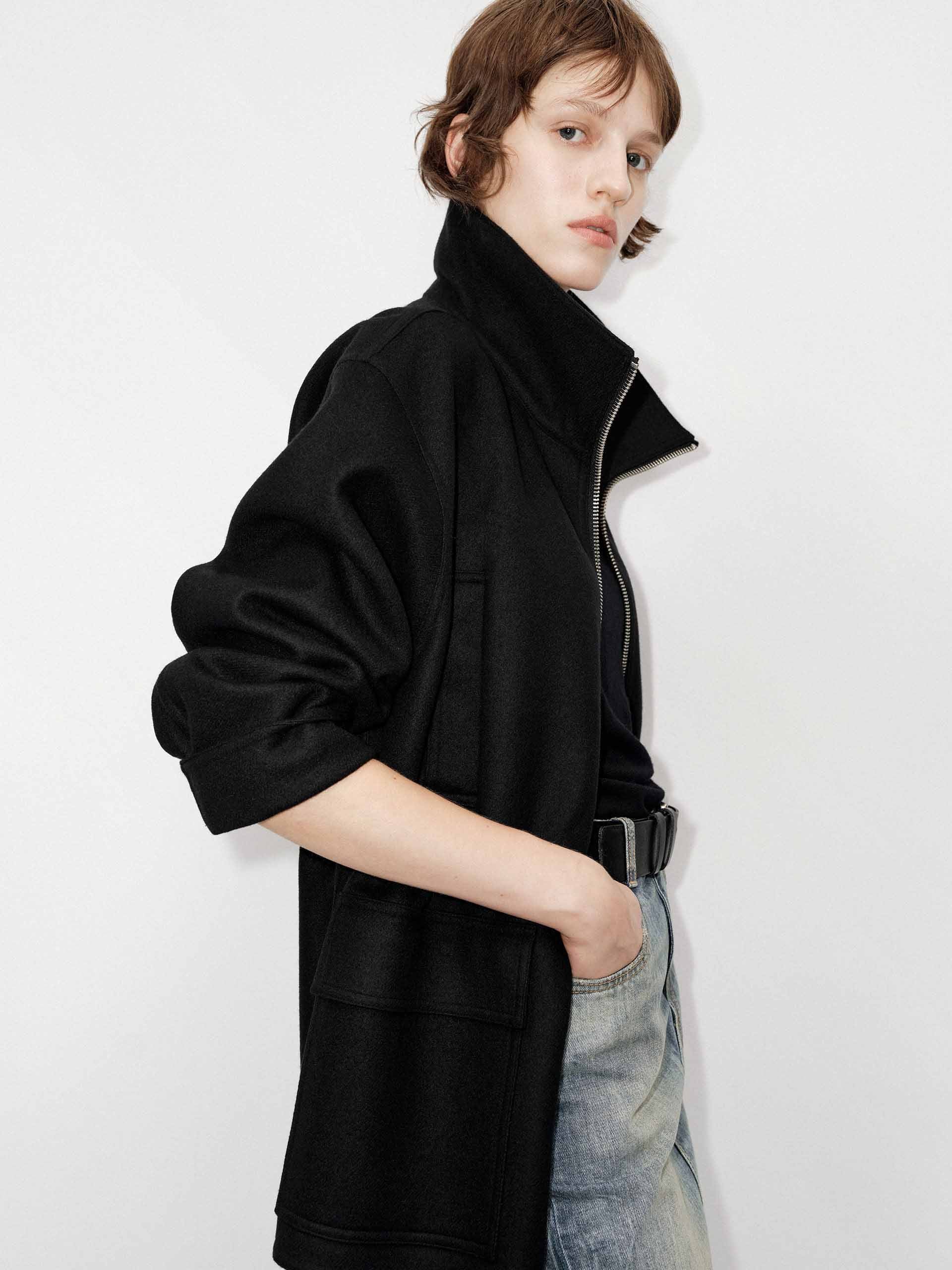 MO&Co. Women's Drawstring Waist 100% Wool Zipper Jacket in Black