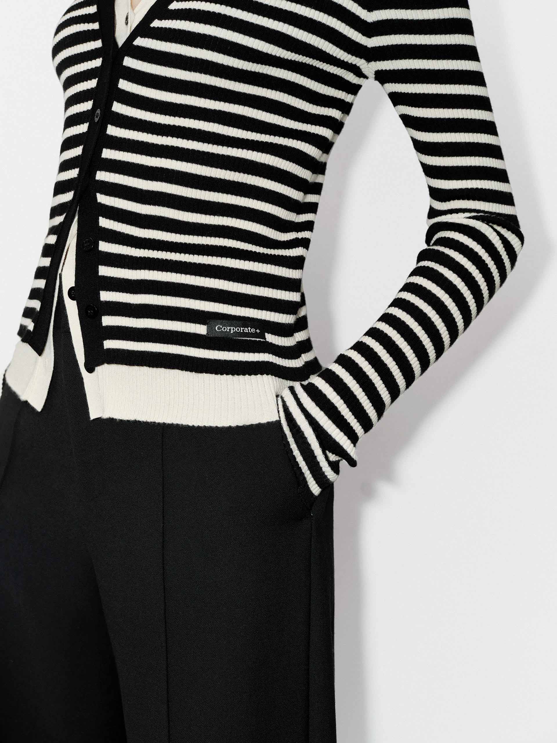 MO&Co. Women's Contrast Layered Detail V-neck Tight Fit Wool Blend Cardigan in Striped