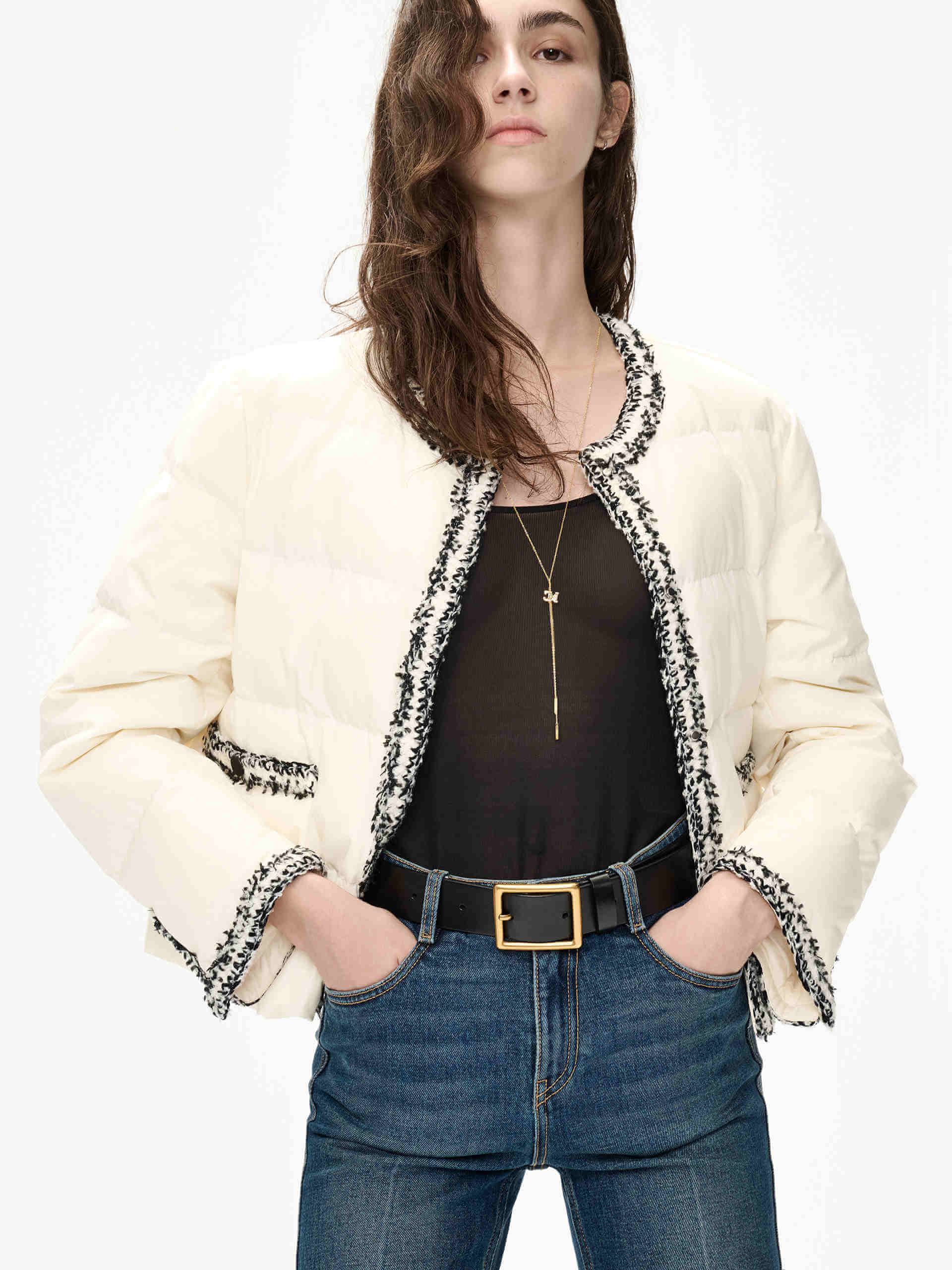 MO&Co. Women's Crochet Details Collarless Puffer Jacket in Beige