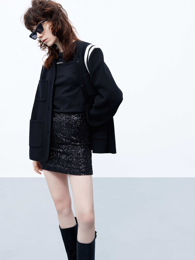 MO&Co. Women's Wool Blend Contrast Trim Collarless Jacket Black