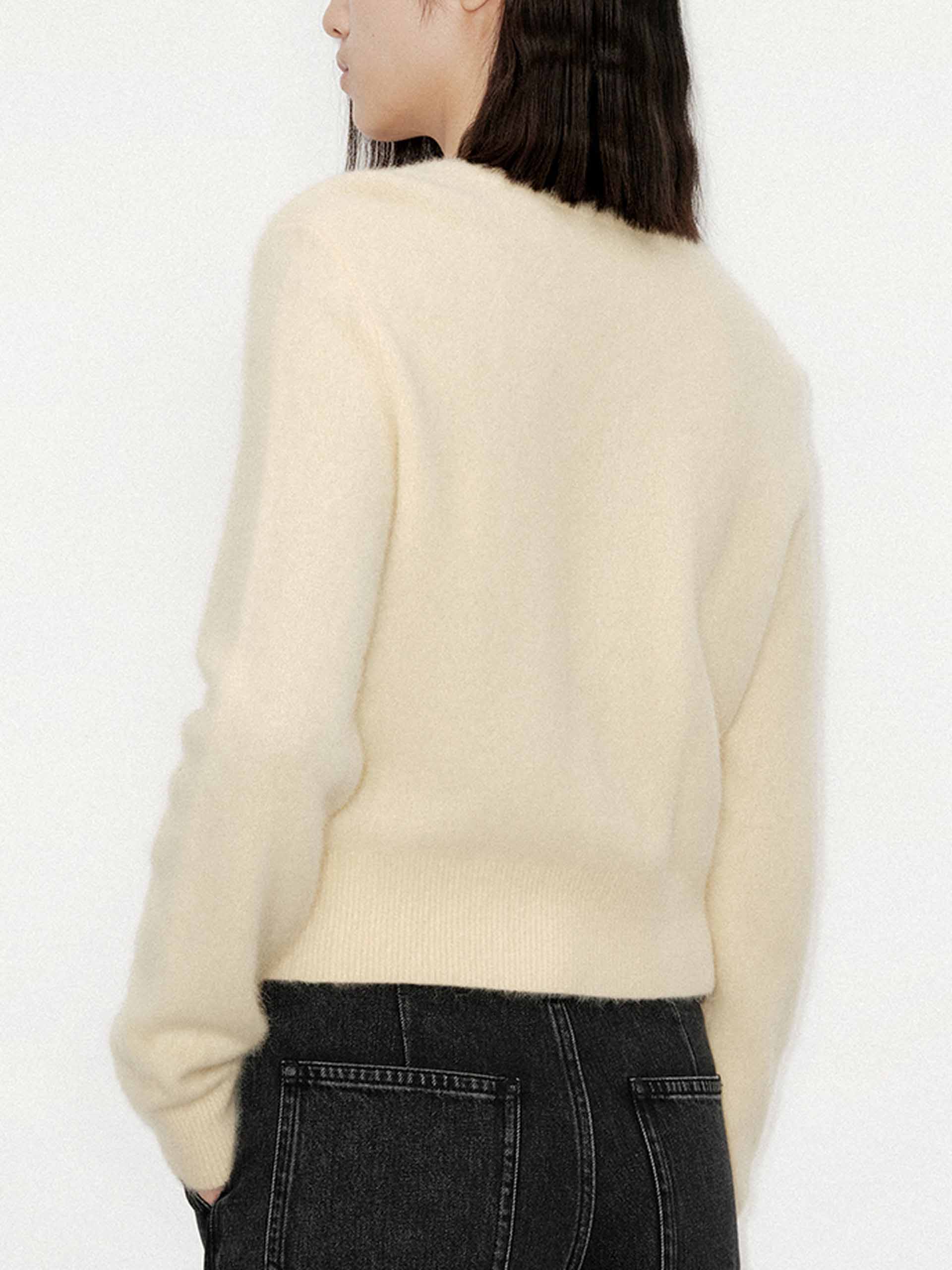 MO&Co. Women's Wool Blend Button Down Crew Neck Fluffy Cardigan in Yellow