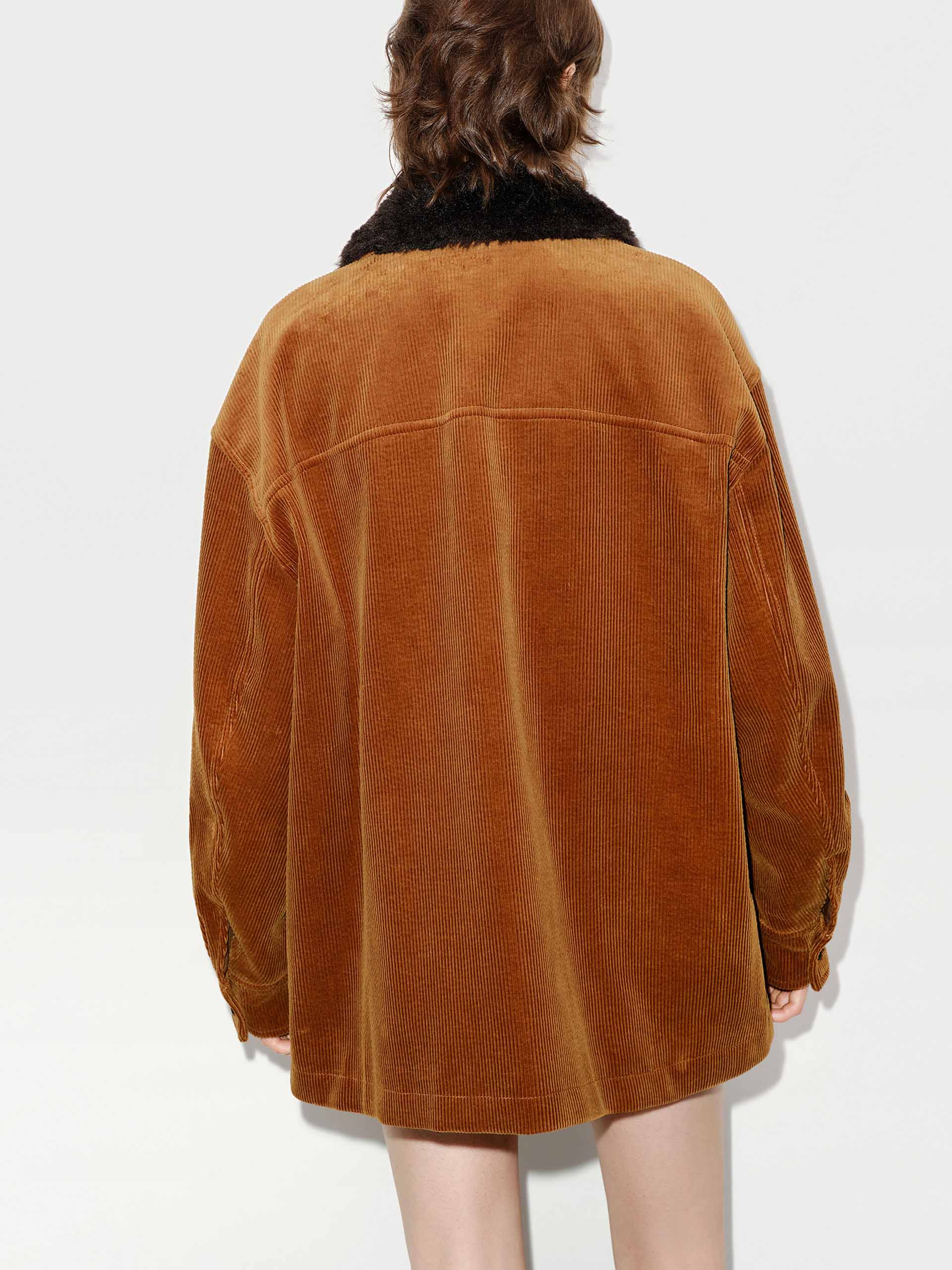 MO&Co. Women's Contrast Collar Pure Cotton Corduroy Michigan Coat in Brown