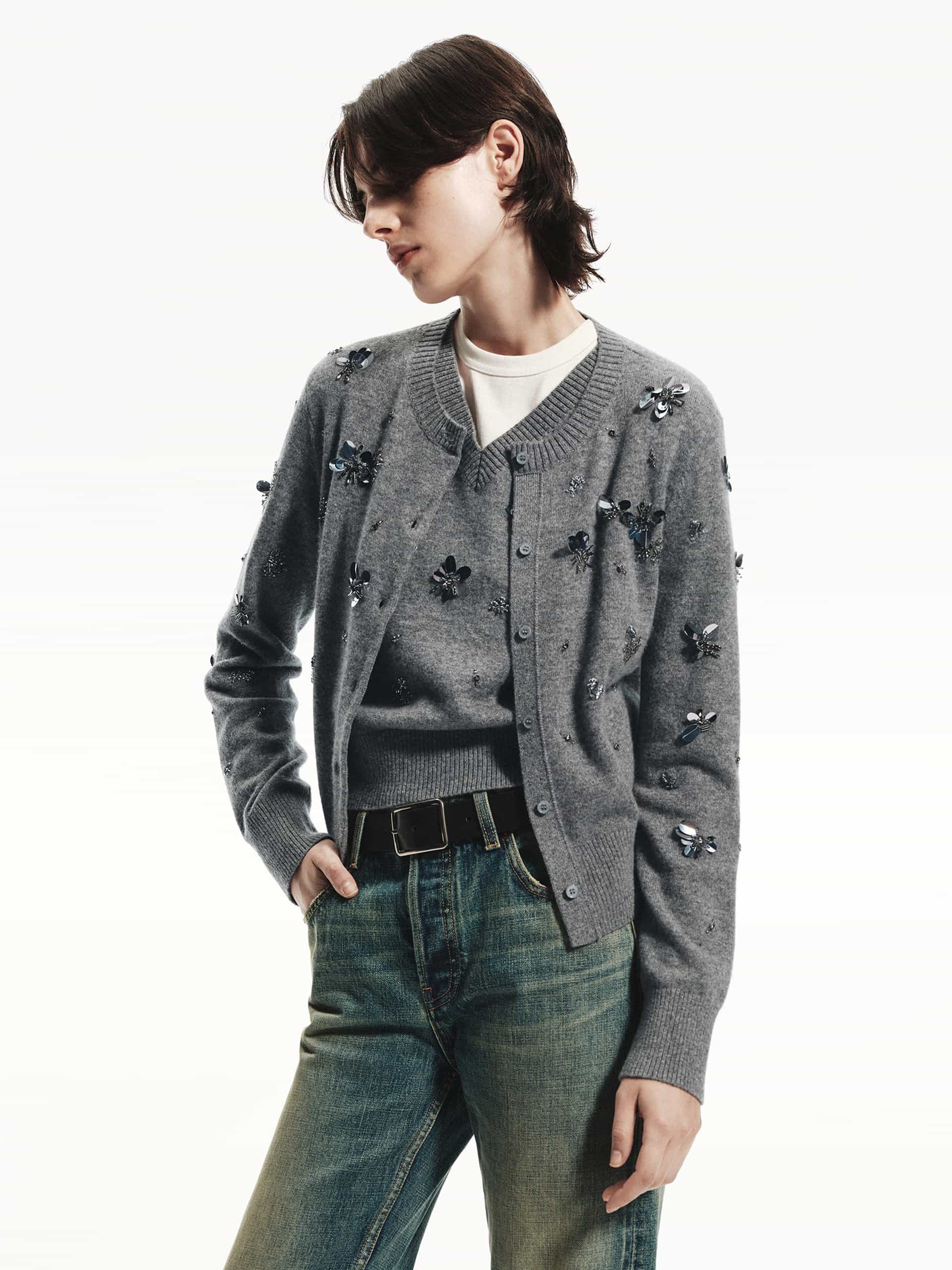 MO&Co. Women's Sequin Detail Pure Merino Wool Cardigan in Grey