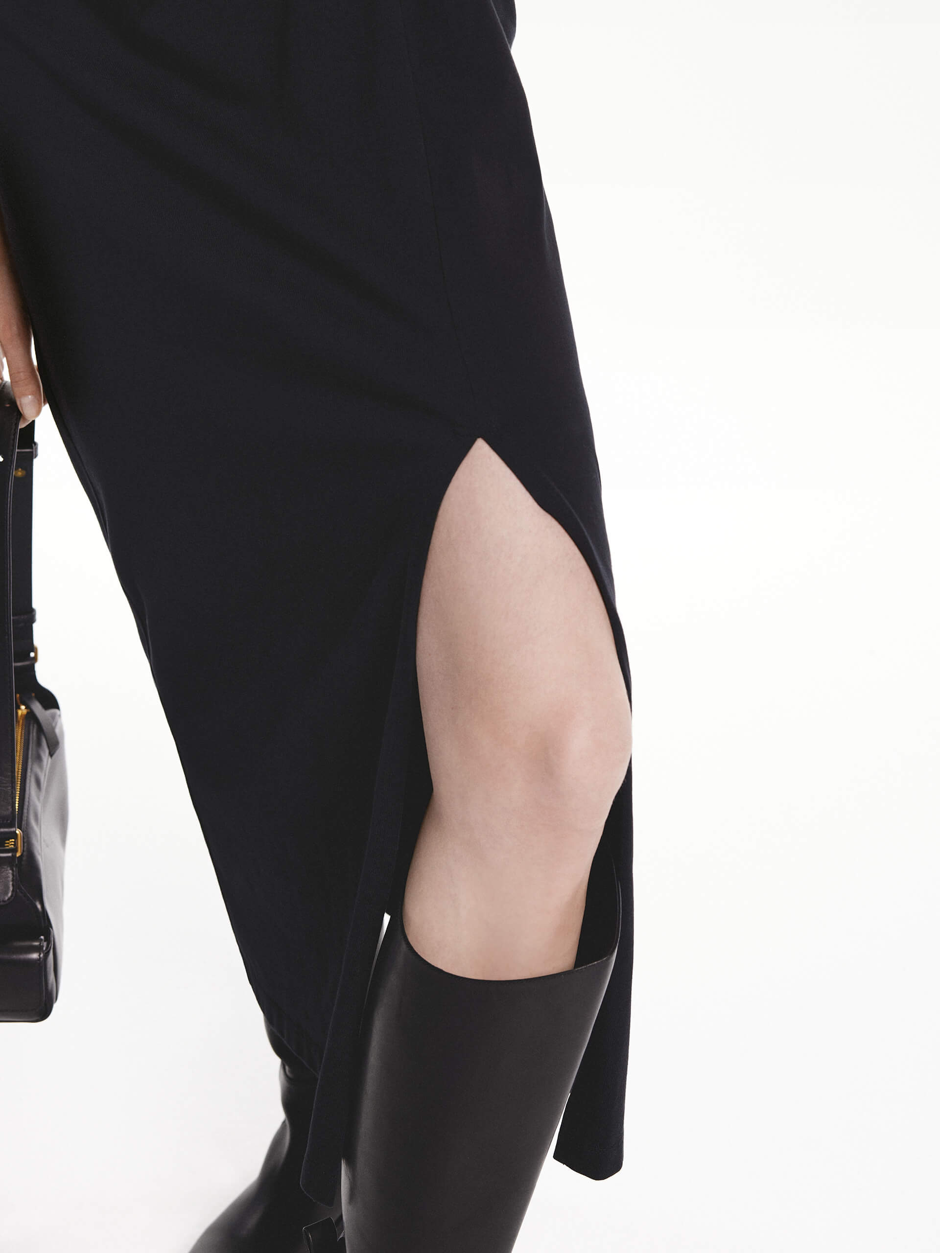 MO&Co. Women's Twist Detail Short Sleeves Midi Dress Black with Slit Detailing