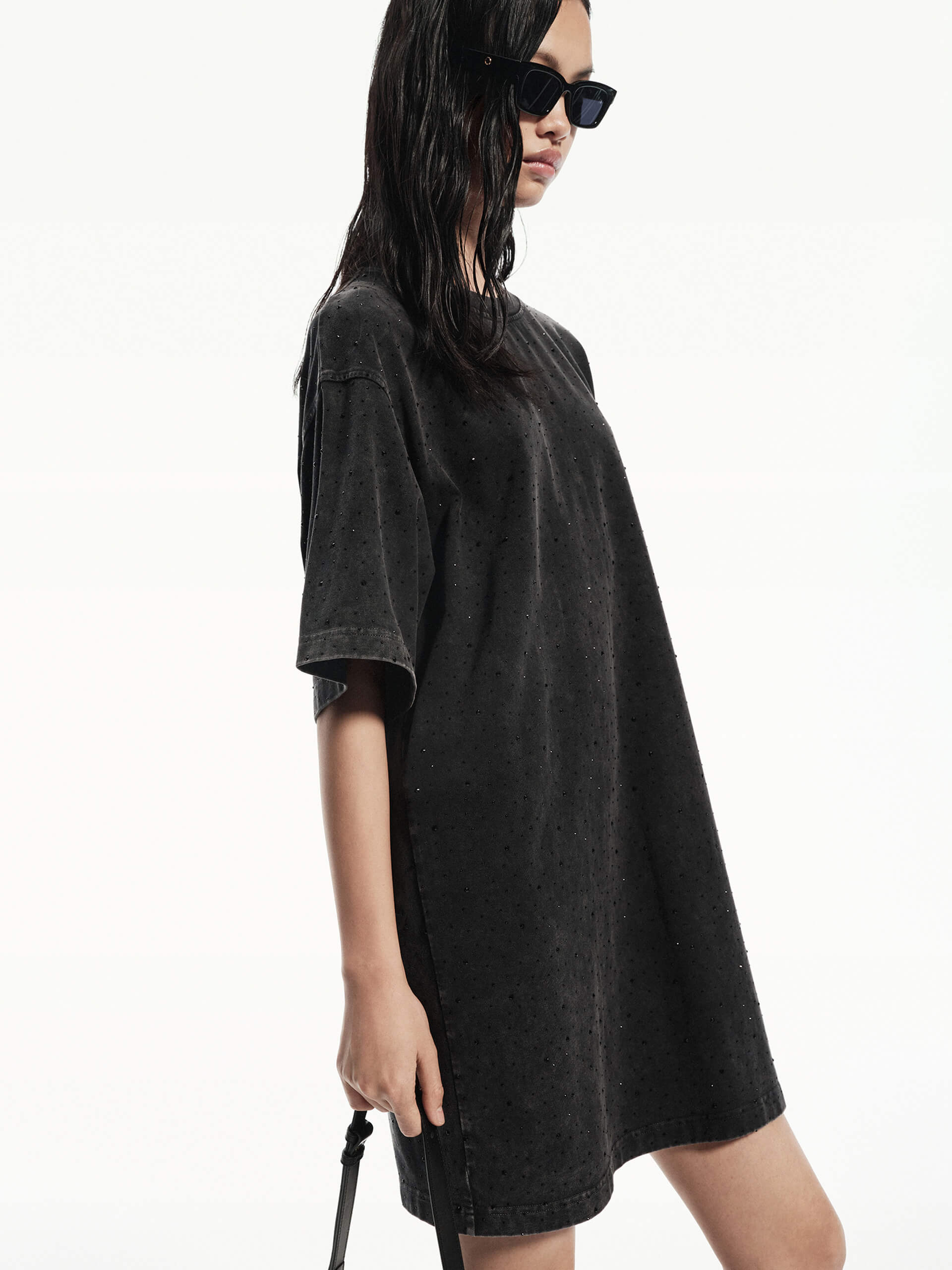 MO&Co. Women's Rhinestone Detail Pure Cotton Oversized Tee Dress