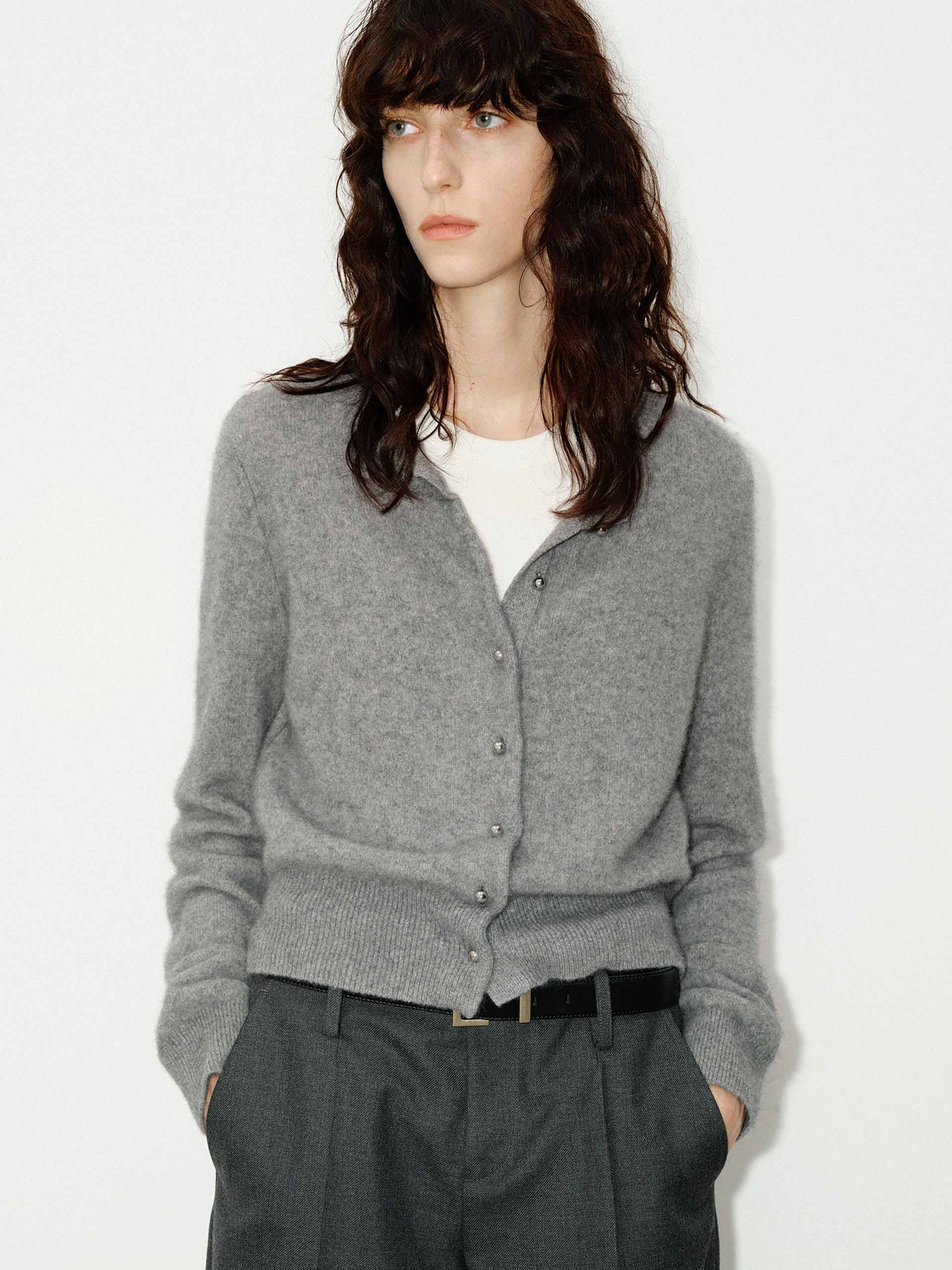 MO&Co. Women's Wool Blend Button Down Crew Neck Fluffy Cardigan in Grey