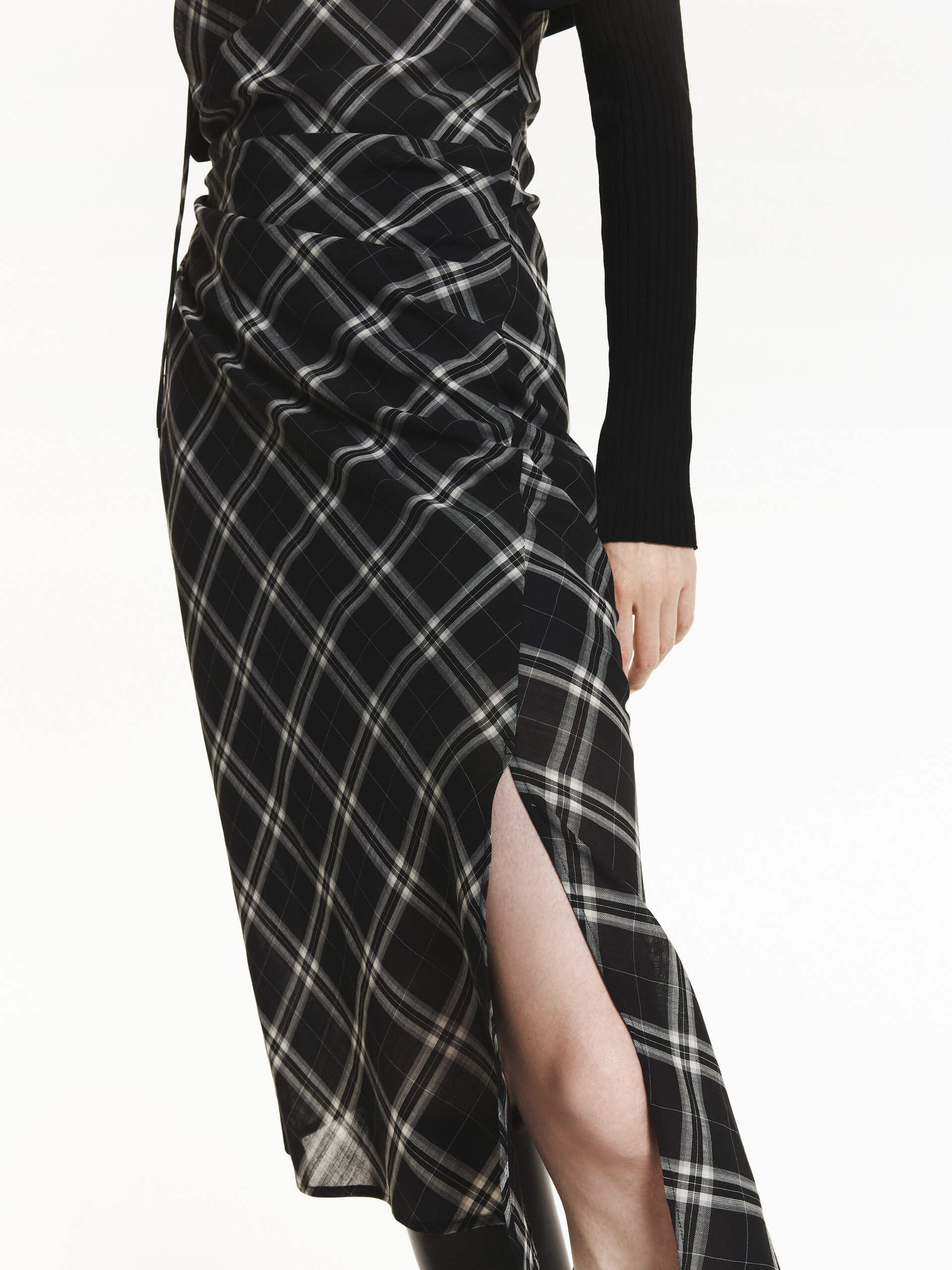 MO&Co. Women's Plaid Pattern Cami Dress Slit Detailed in Black with Gathered Waist Details