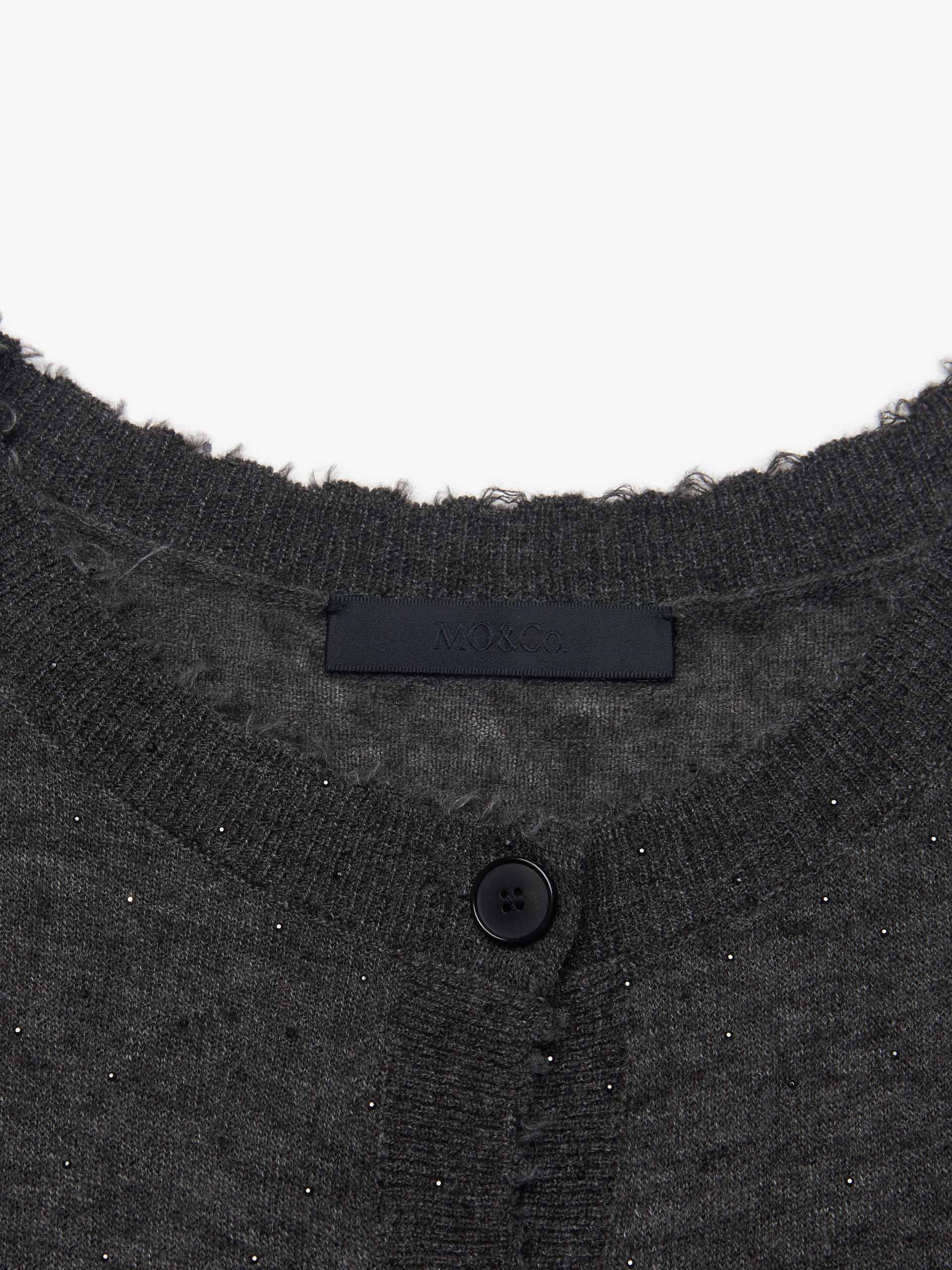 MO&Co. Women's Raw Trim Detail Alpaca fleece and Wool Blend Knit Cardigan in Dark Grey with Rhinestone Details