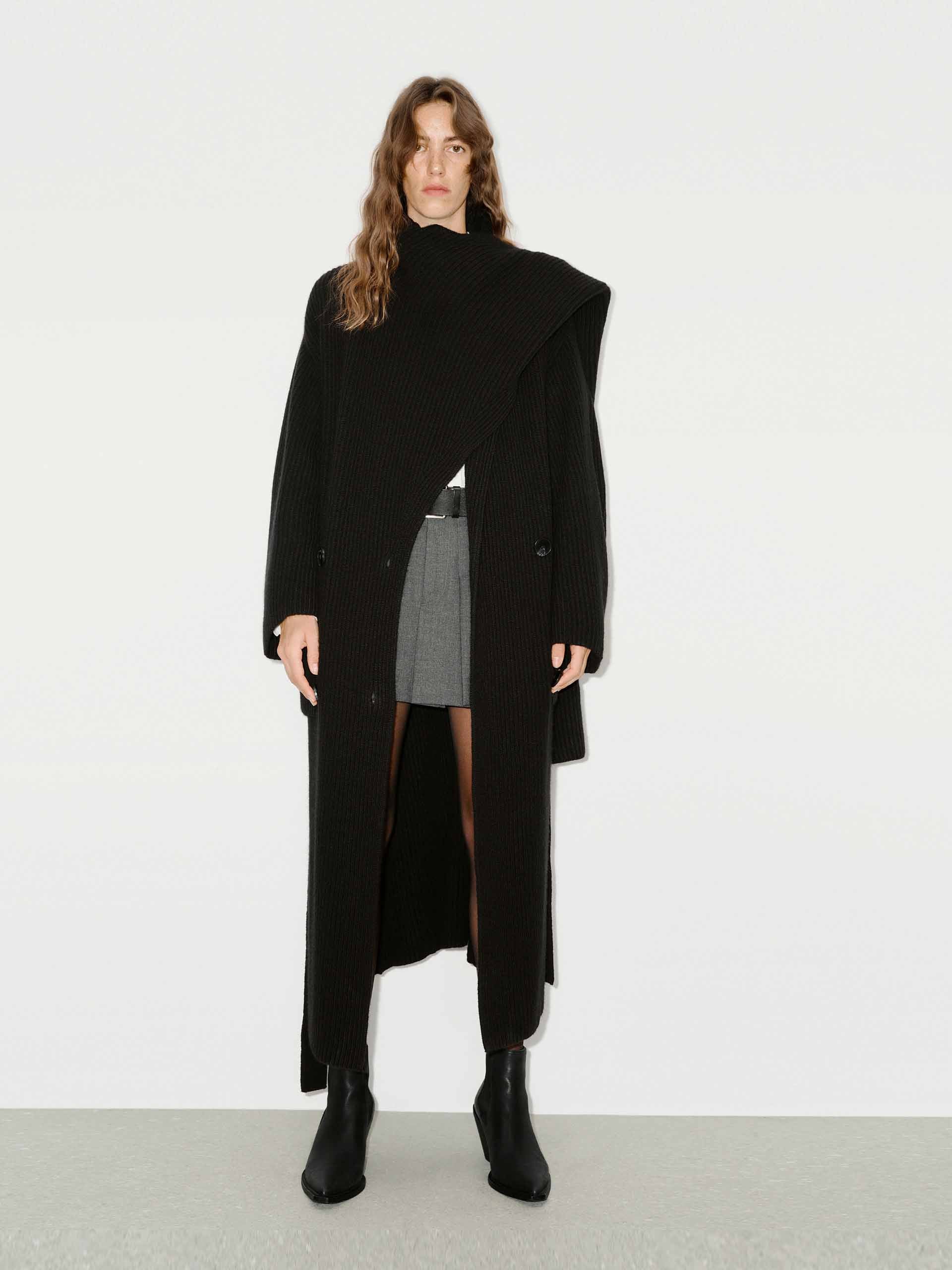 MO&Co. Women's Scarf Collar Wool Alpaca fleece Blend Longline Cardigan in Black