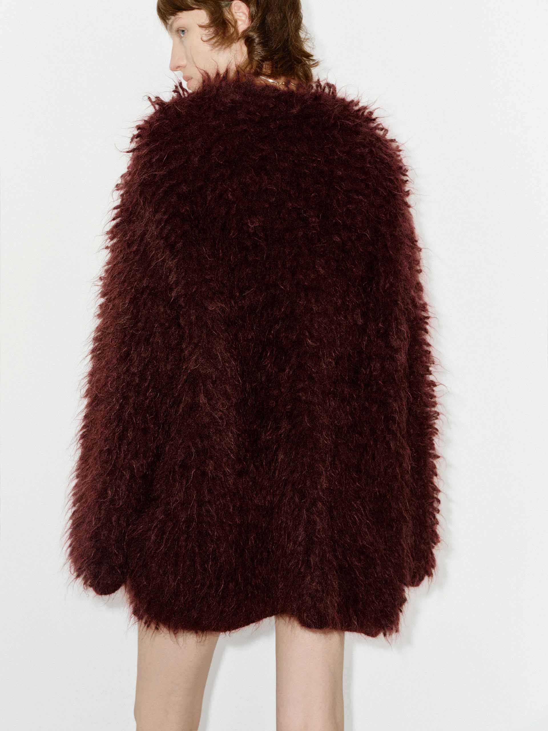 MO&Co. Women's Loose Fit Mohair Blend Fuzzy Long Sleeves Cardigan in Burgundy