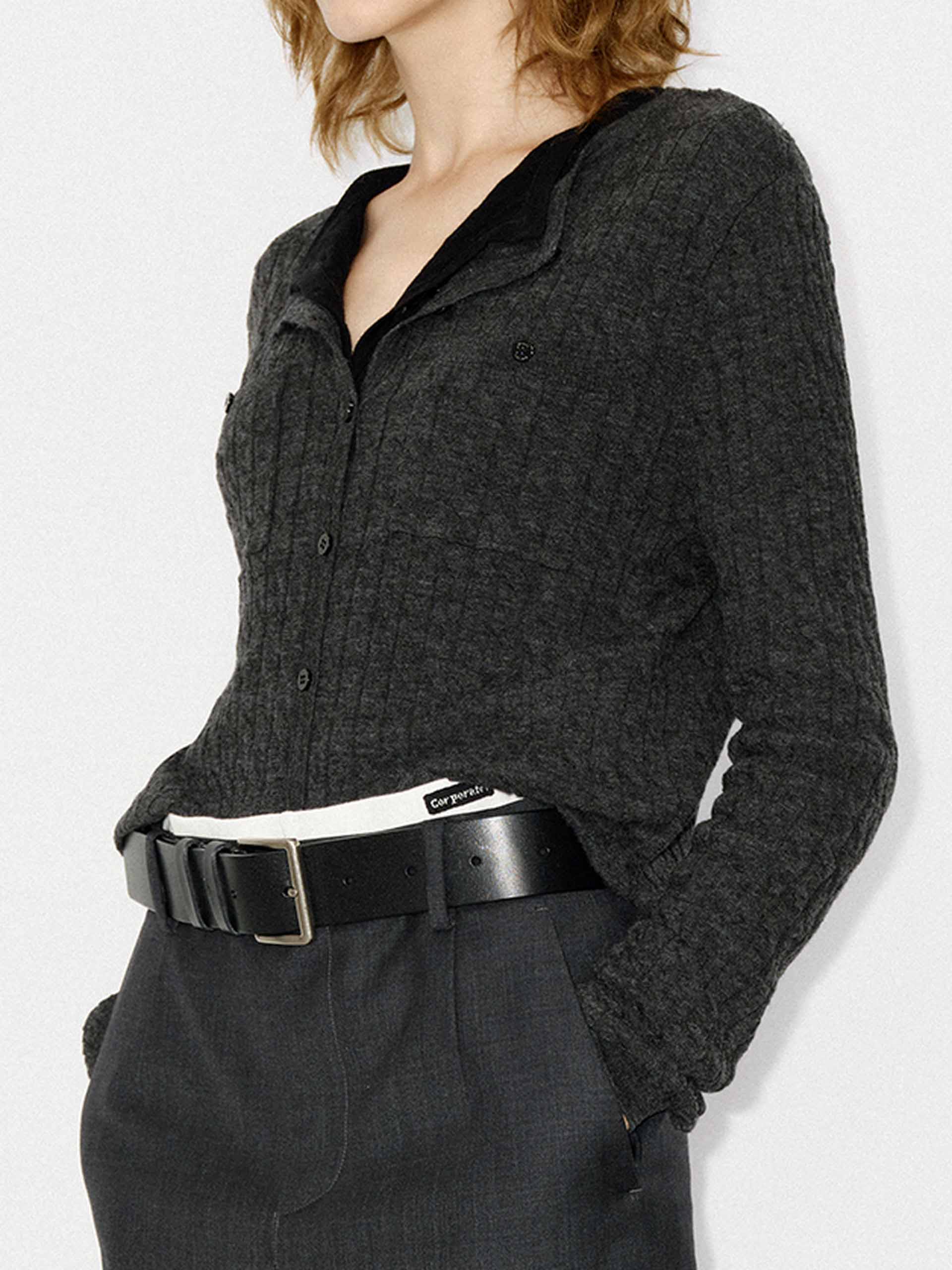 MO&Co. Women's Button Closure 100% Wool Cable Knit Fall Cardigan in Dark Grey