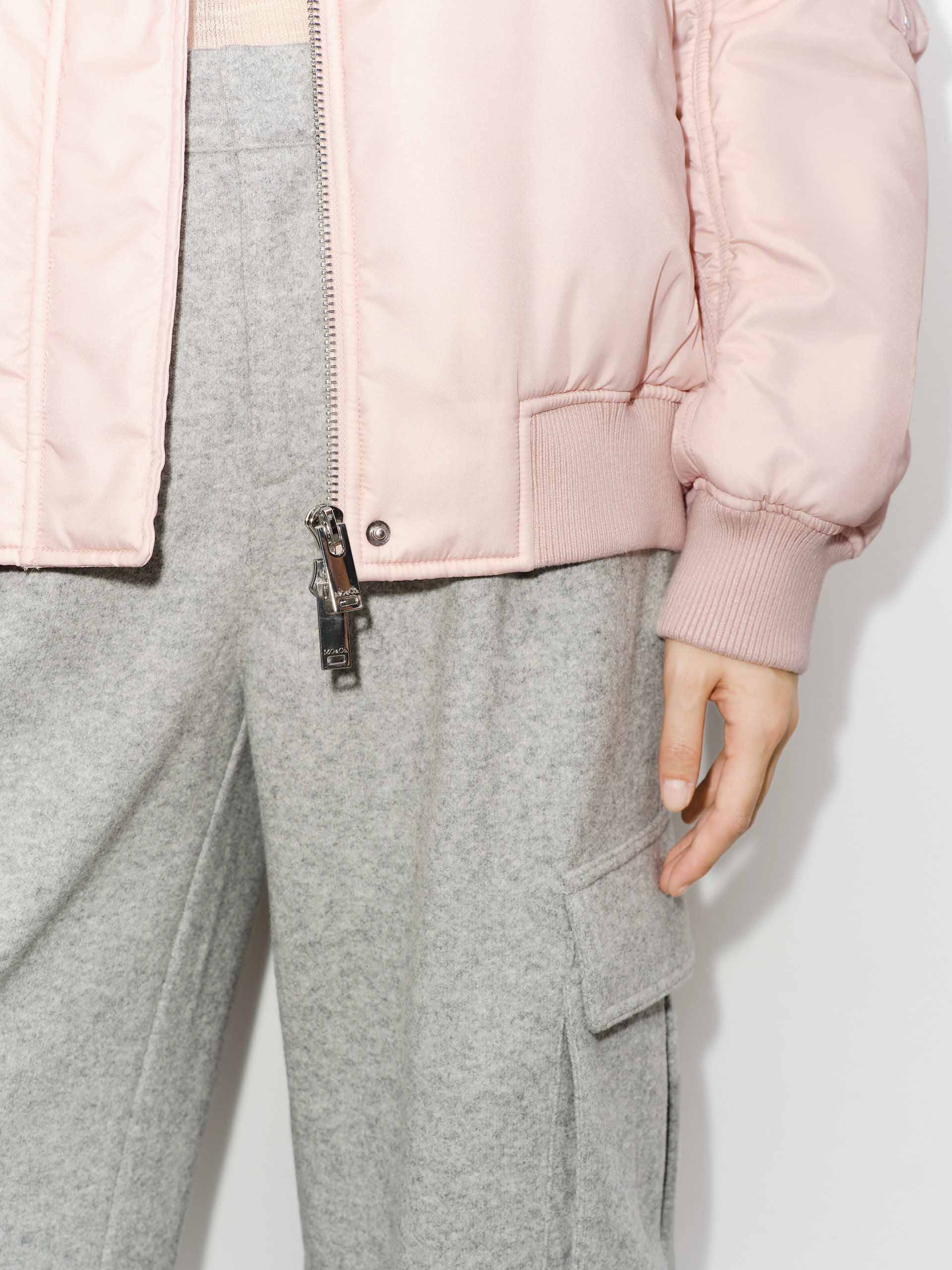 MO&Co. Women's Fur Collar Quilted Bomber Jacket in Light Pink for Fall Winter