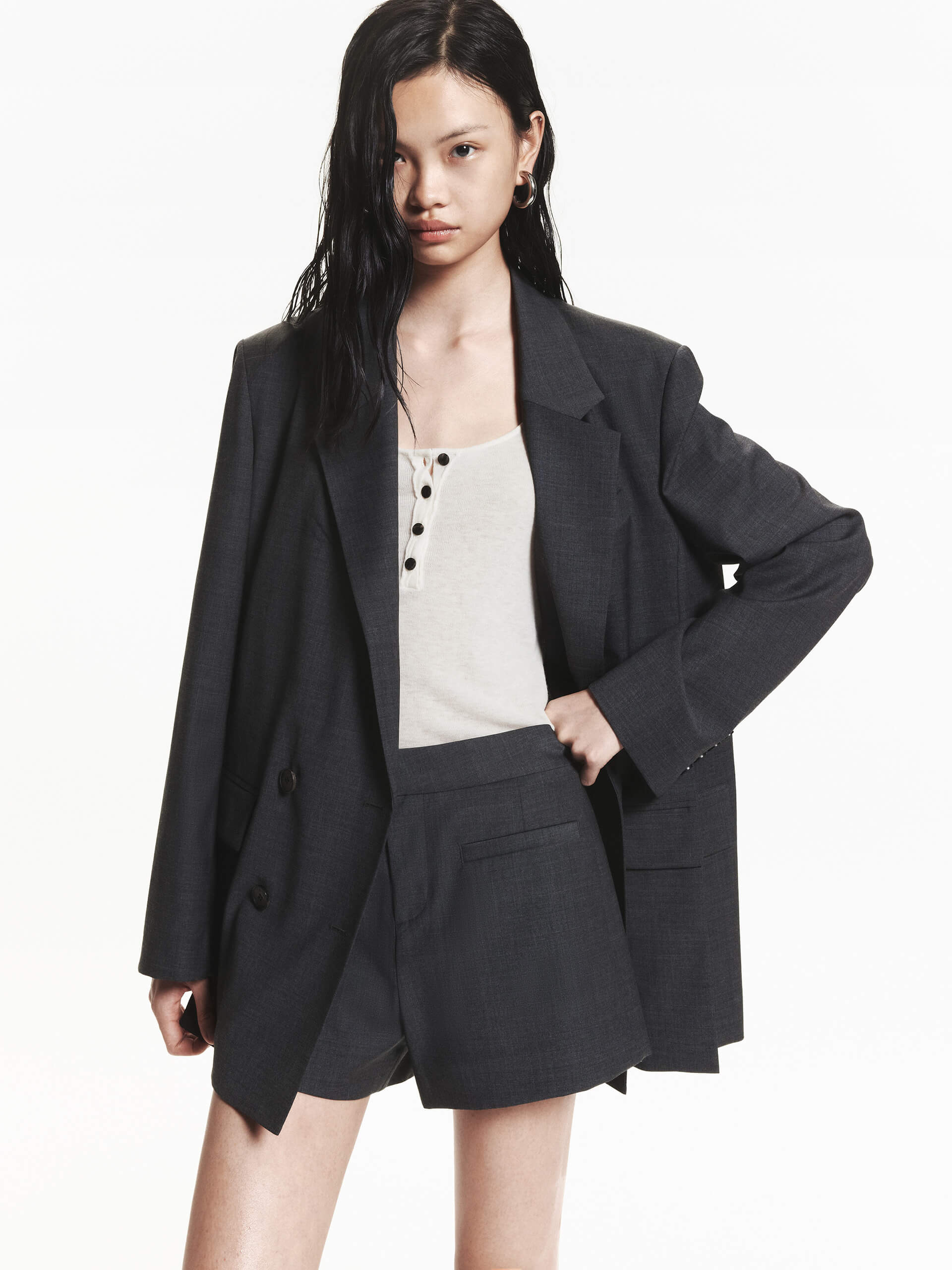 MO&Co. Women's Lightweight Wool Double Breasted Tailored Blazer in Grey