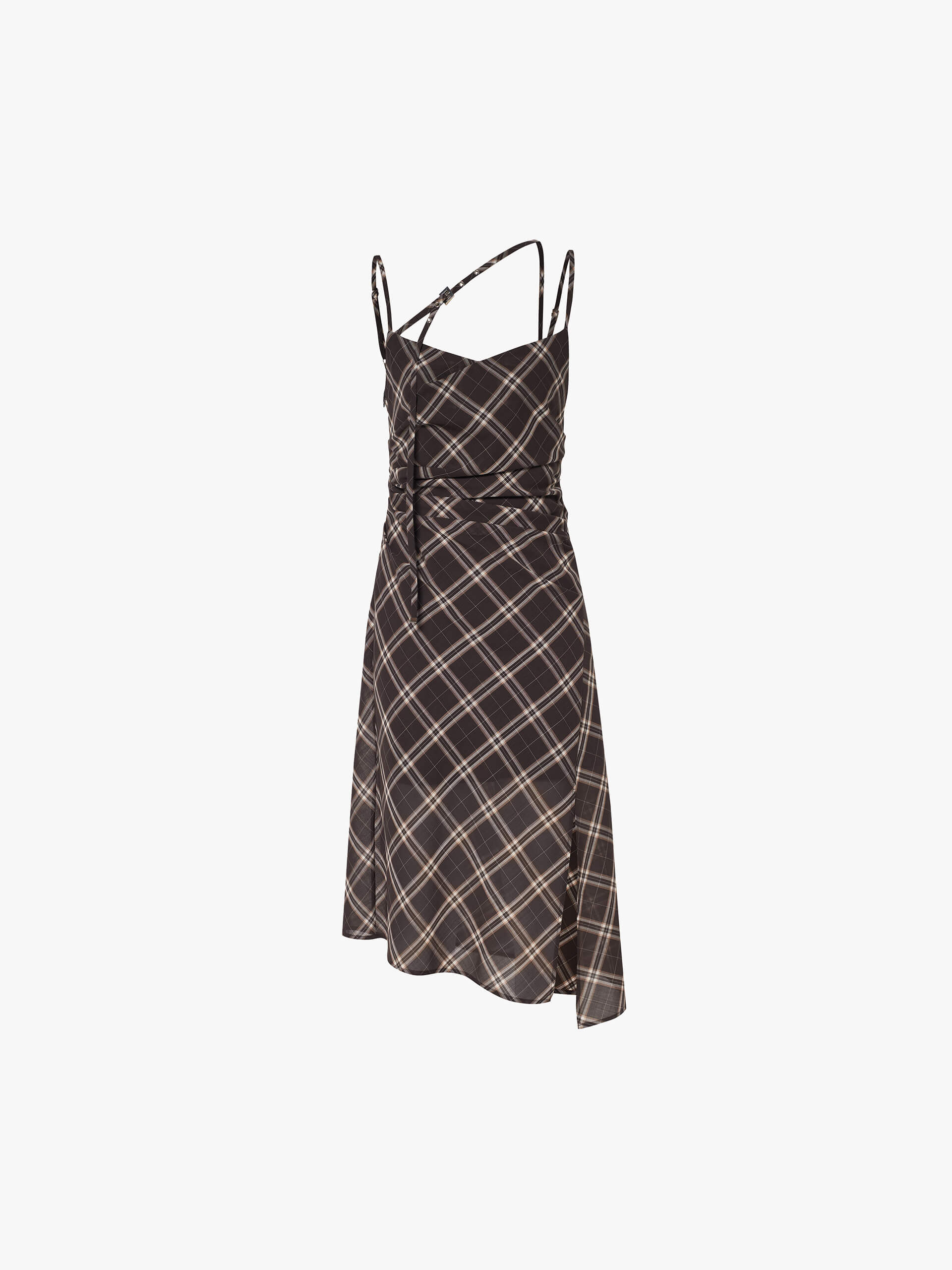 MO&Co. Women's Plaid Pattern Cami Dress Slit Detailed in Brown with Gathered Waist Details