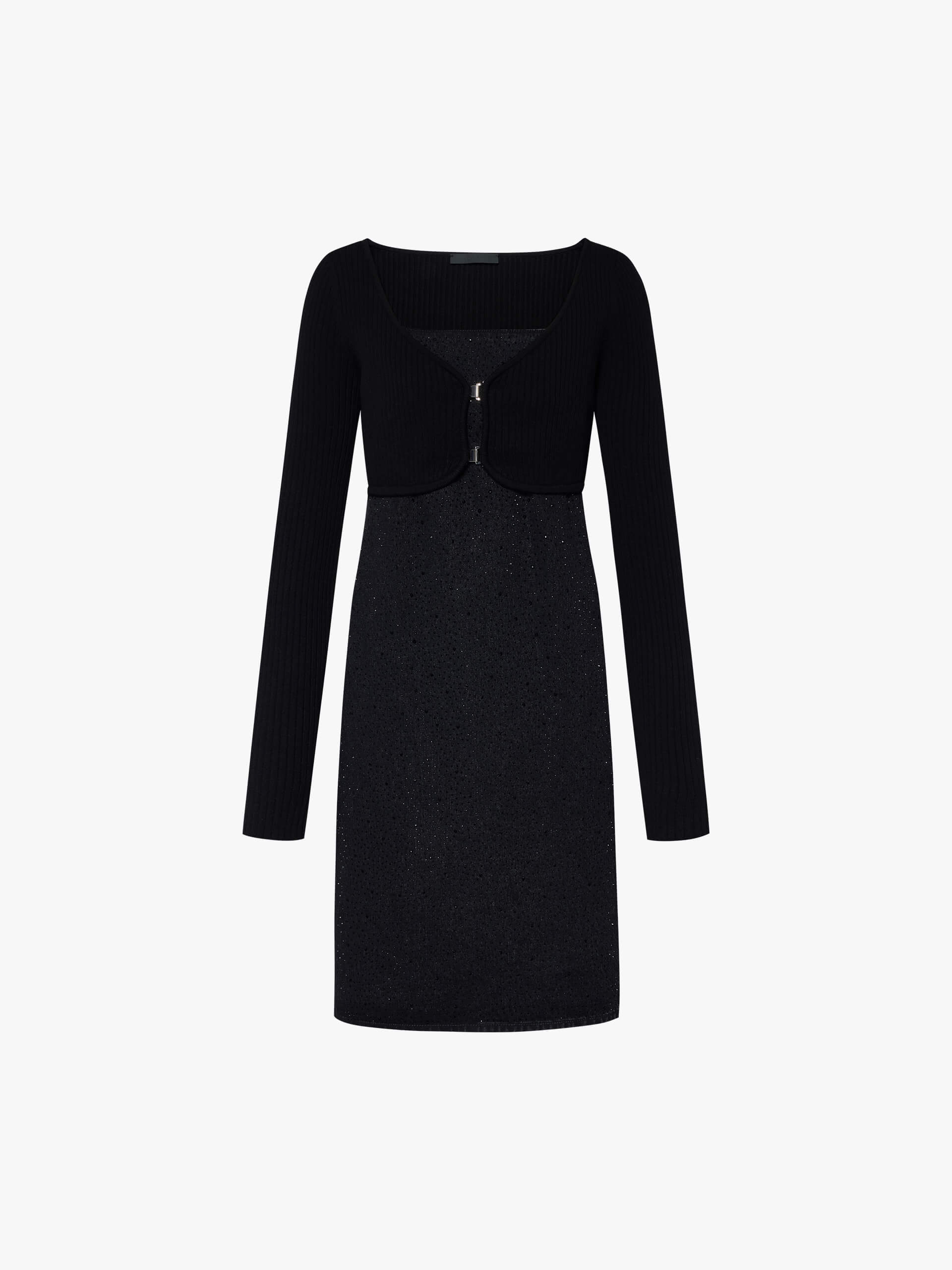 MO&Co. Women's Rhinestone Detail Mini Cami Denim Dress with Long Sleeves Cardigan