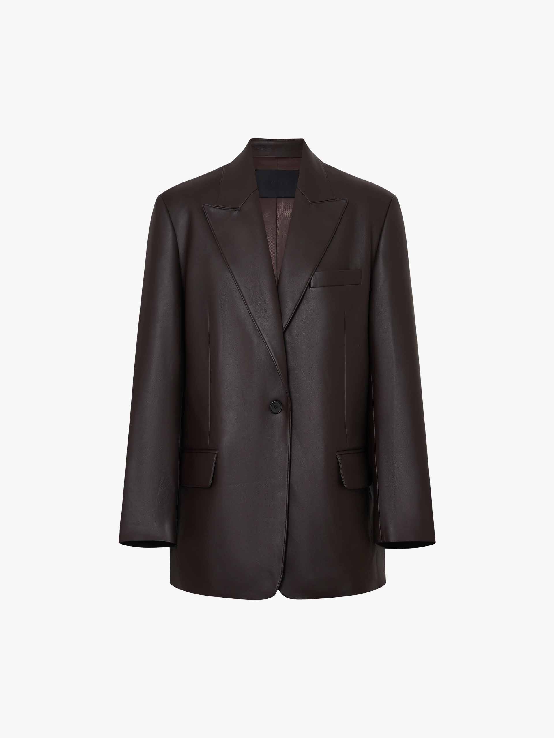 MO&Co. Women's Oversized Faux Leather Blazer with shoulder paddings in Brown