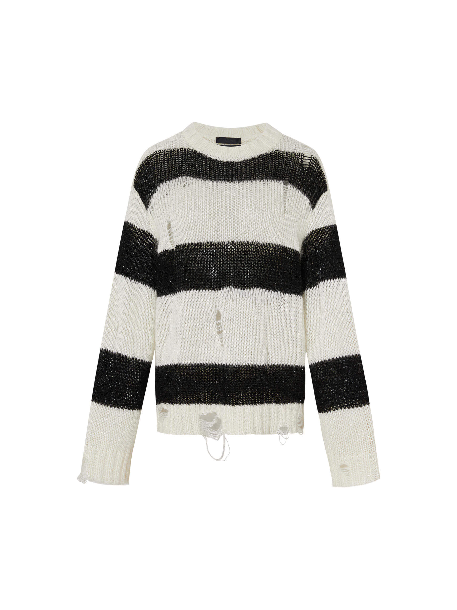 MO&Co. Noir Women's Distressed Detail Striped Oversized Pullover Crafted from a blend of mohair and wool, this sweater offers a fuzzy texture and distressed design for a modern twist.