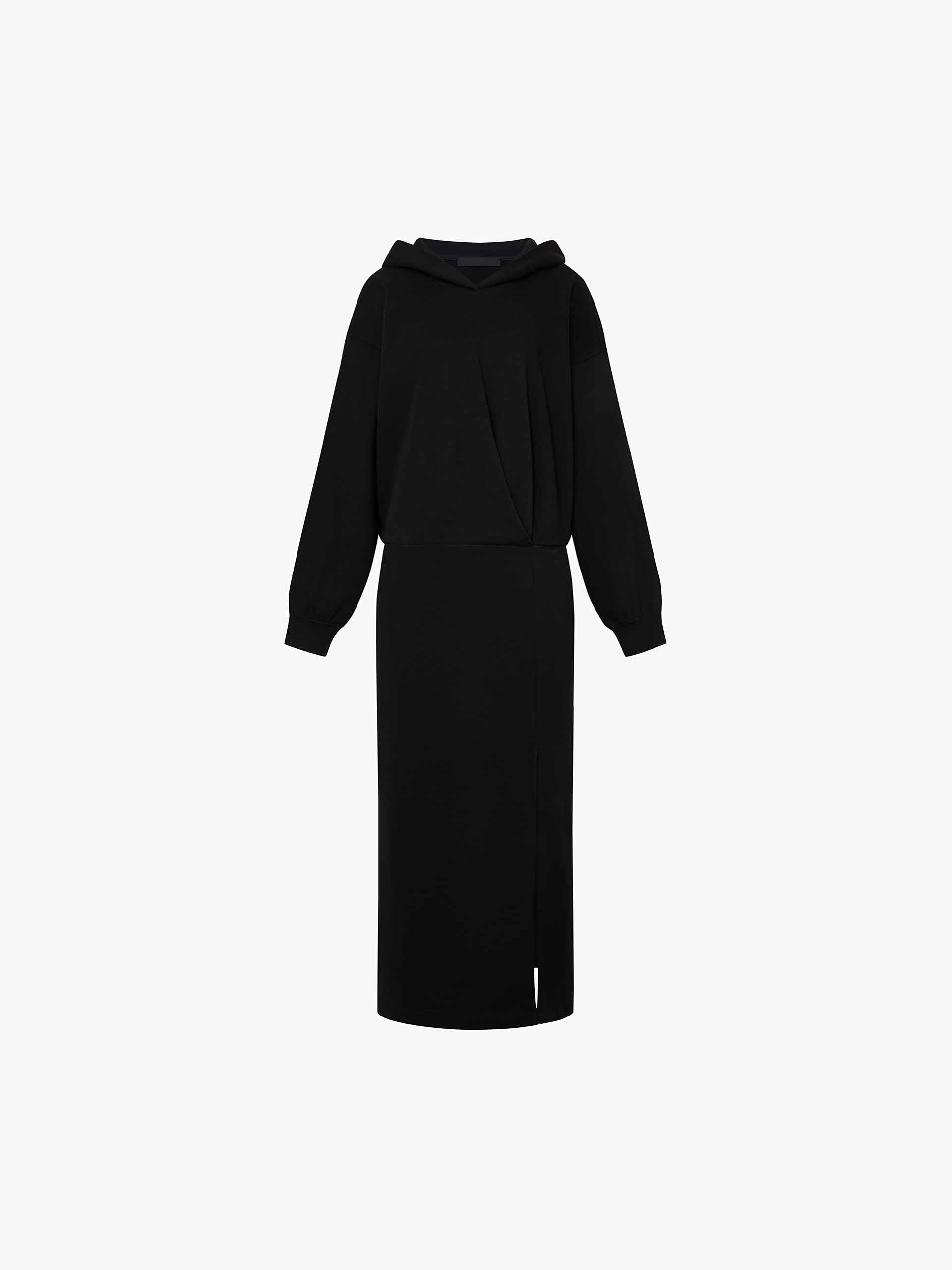 MO&Co. Women's Long Sleeves Slit Detail Hooded Midi Dress in Black with Casual Weekend Style