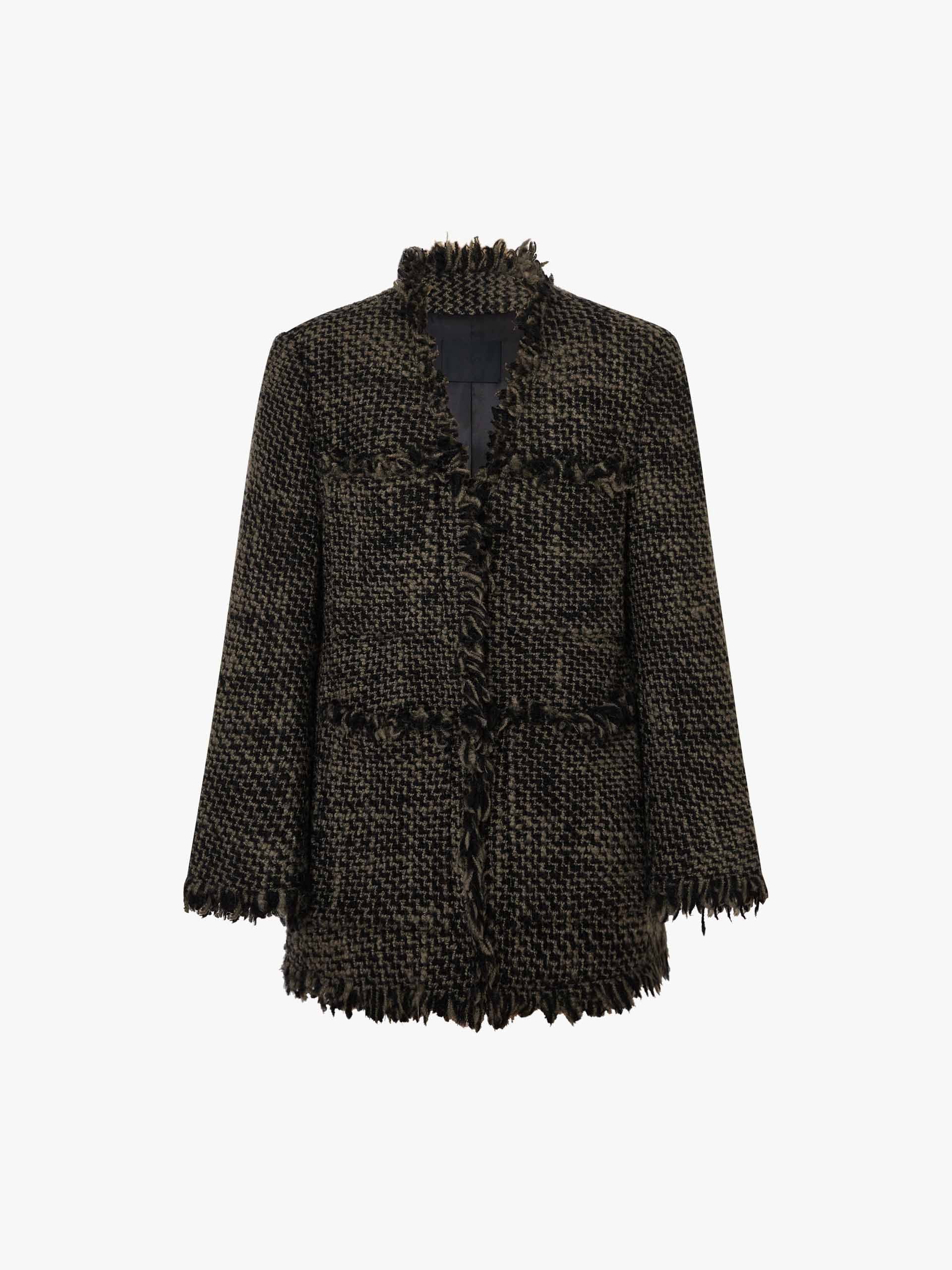 MO&Co. Women's V-neck Wool Blend Raw Trim Collarless Tweed Coat