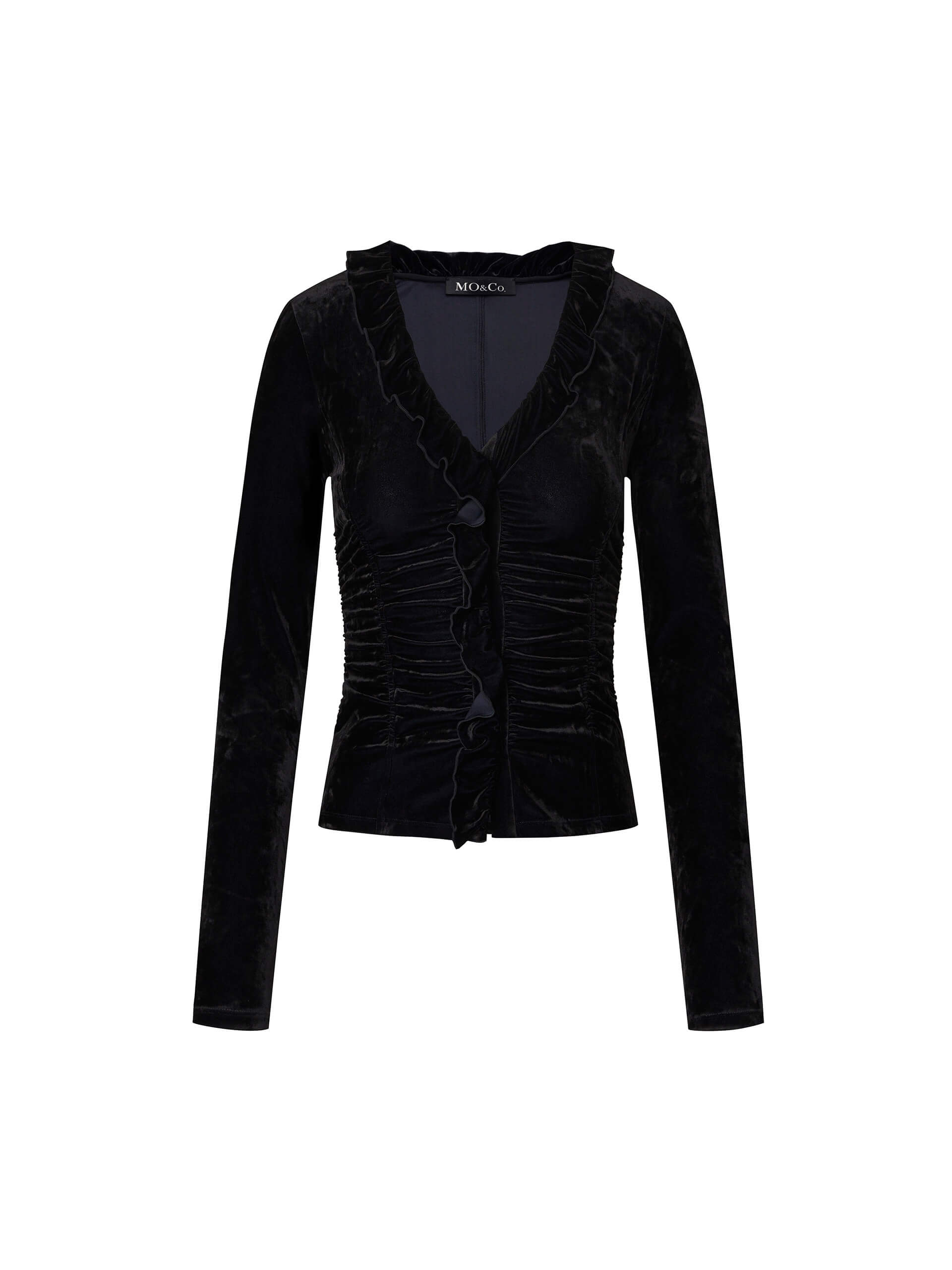 MO&Co. Women's V Neck Long Sleeve Slim Ruffle Velvet Top in Black