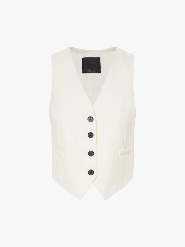 MO&Co. Noir Women's Paneled Pure Wool Belted Suit Waistcoat in White