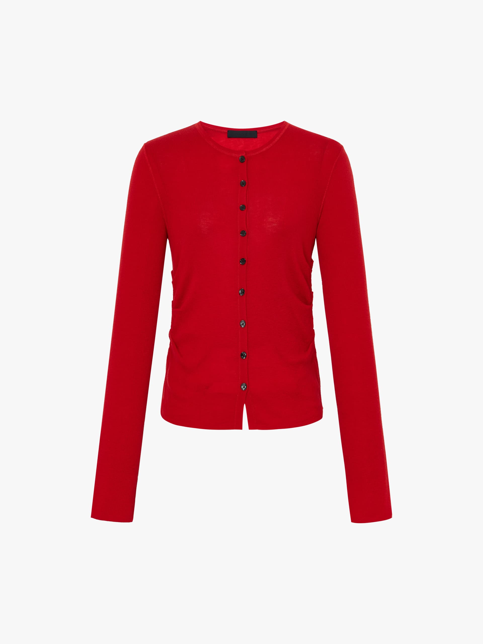 MO&Co. Women's Pure Merino Wool Round Neck Long Sleeve Knit Cardigan in Red