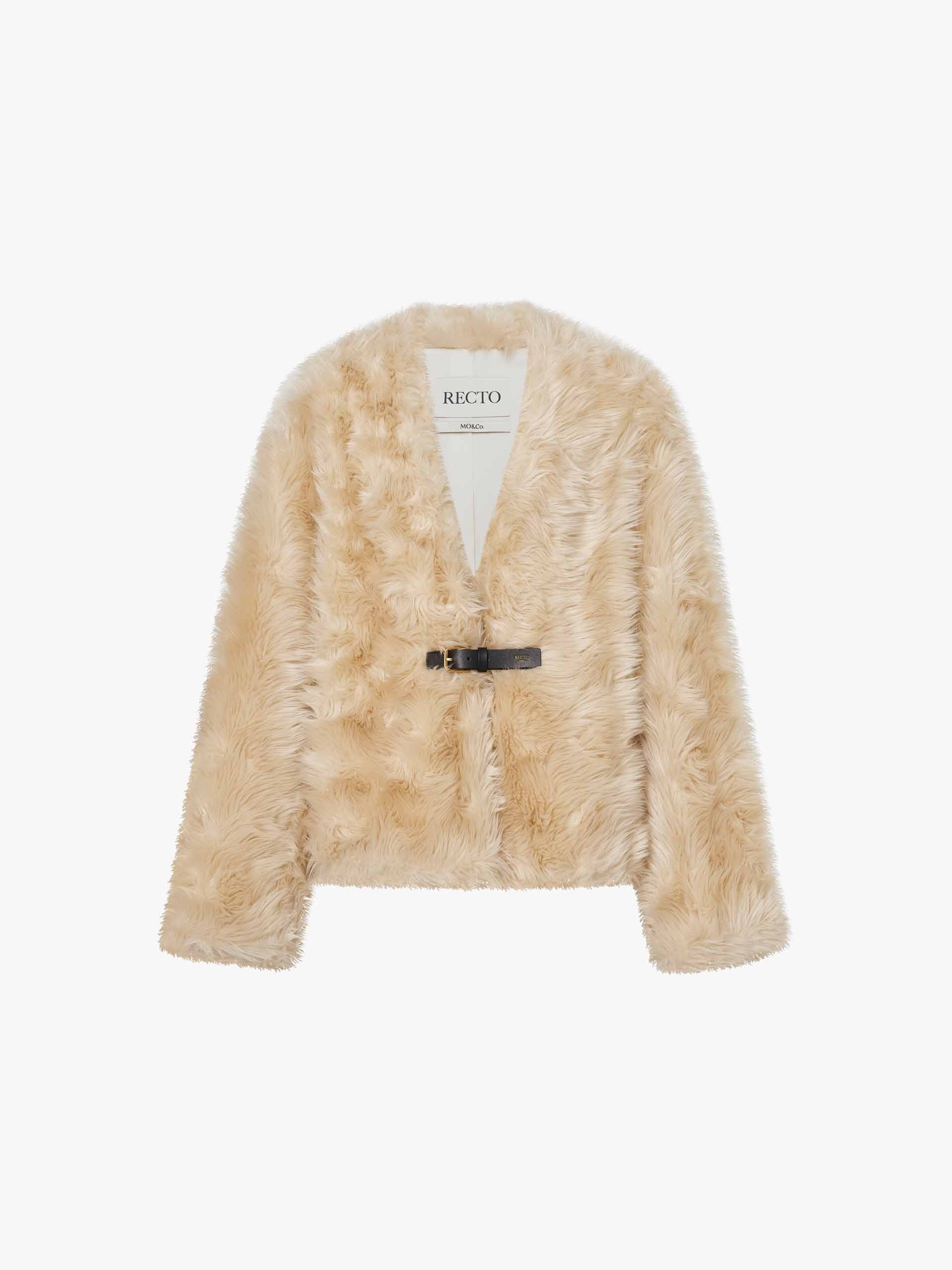 MO&Co. X RECTO Collection Women's Buckle Detail Faux Fur Coat in Beige