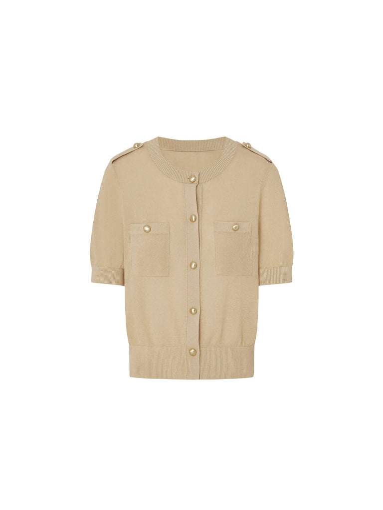 MO&Co. Women's Camel Metal Button Cropped Short Sleeve Cardigan for Pre-fall