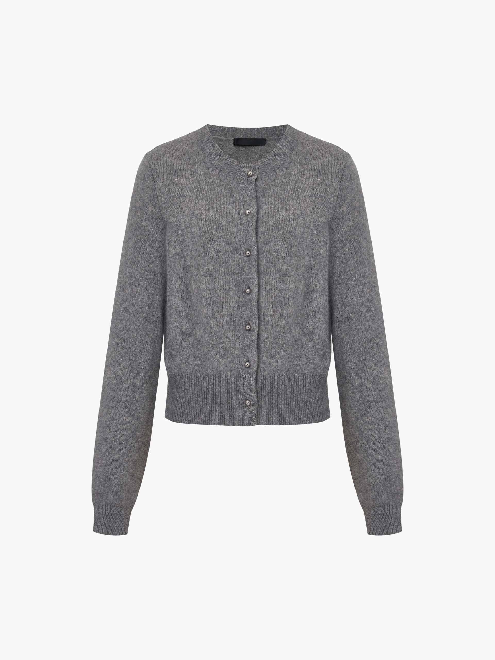 MO&Co. Women's Wool Blend Button Down Crew Neck Fluffy Cardigan in Grey