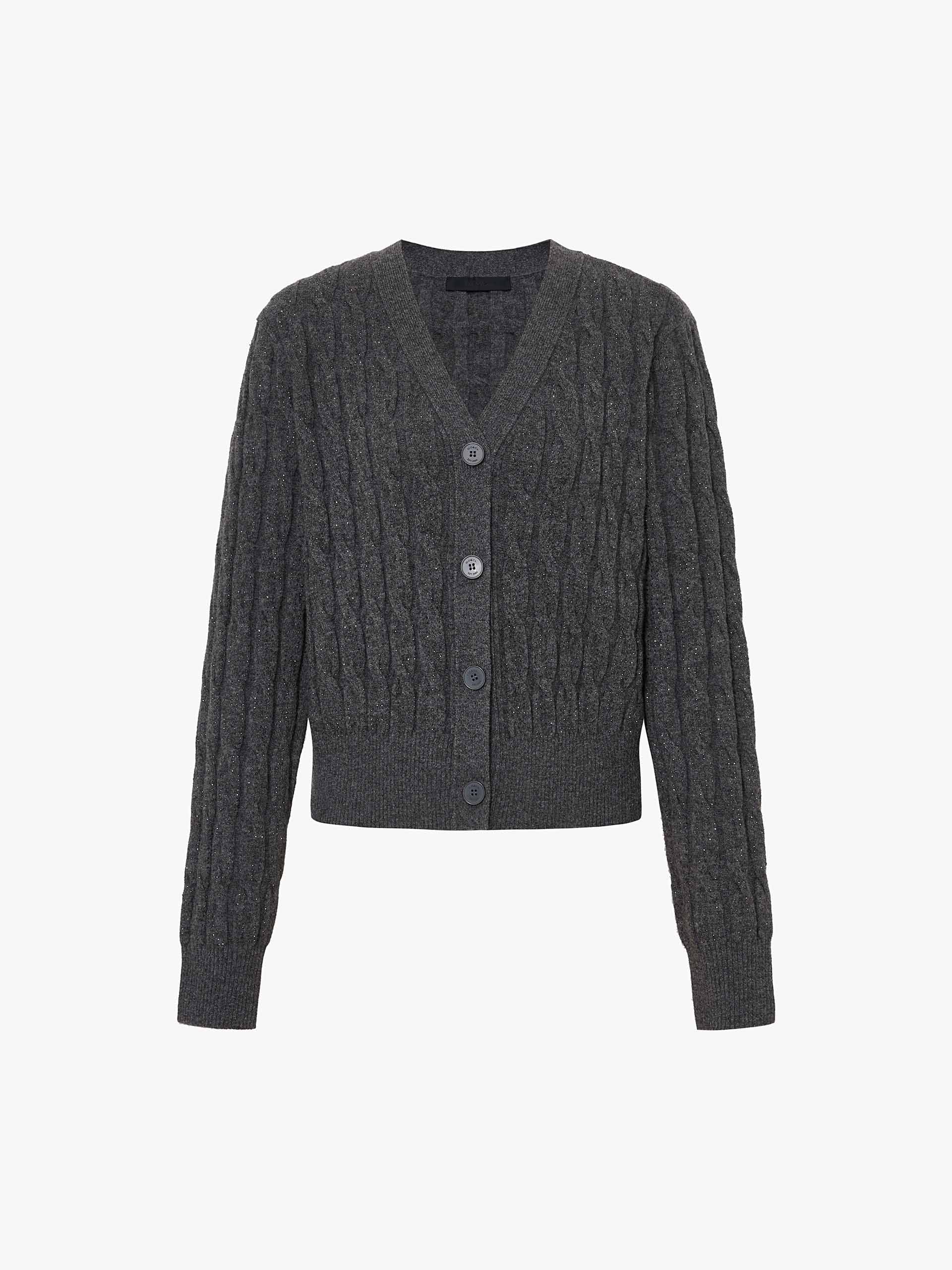 MO&Co. Women's Merino Wool Rhinestone Detail V-neck Cable Knit Cardigan in Grey
