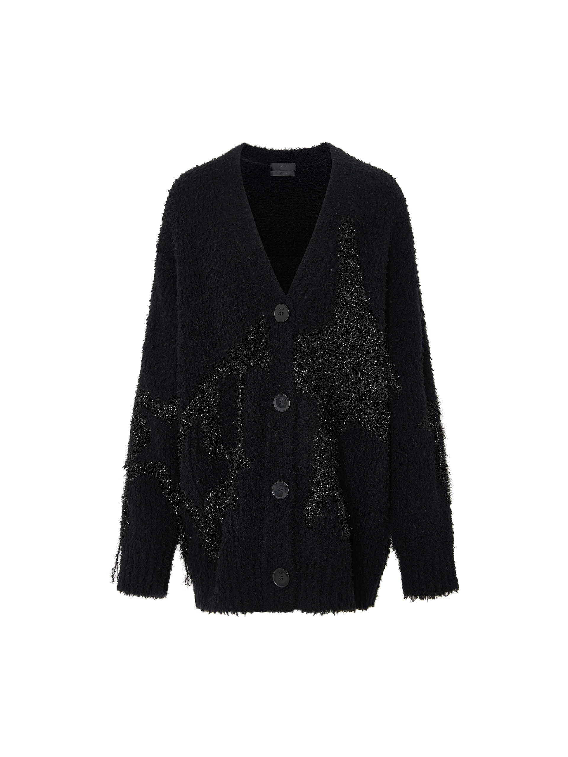 MO&Co. Noir Women's Oversized Fuzzy V Neck Knit Cardigan in Black with Star Guiltier Jacquard Details