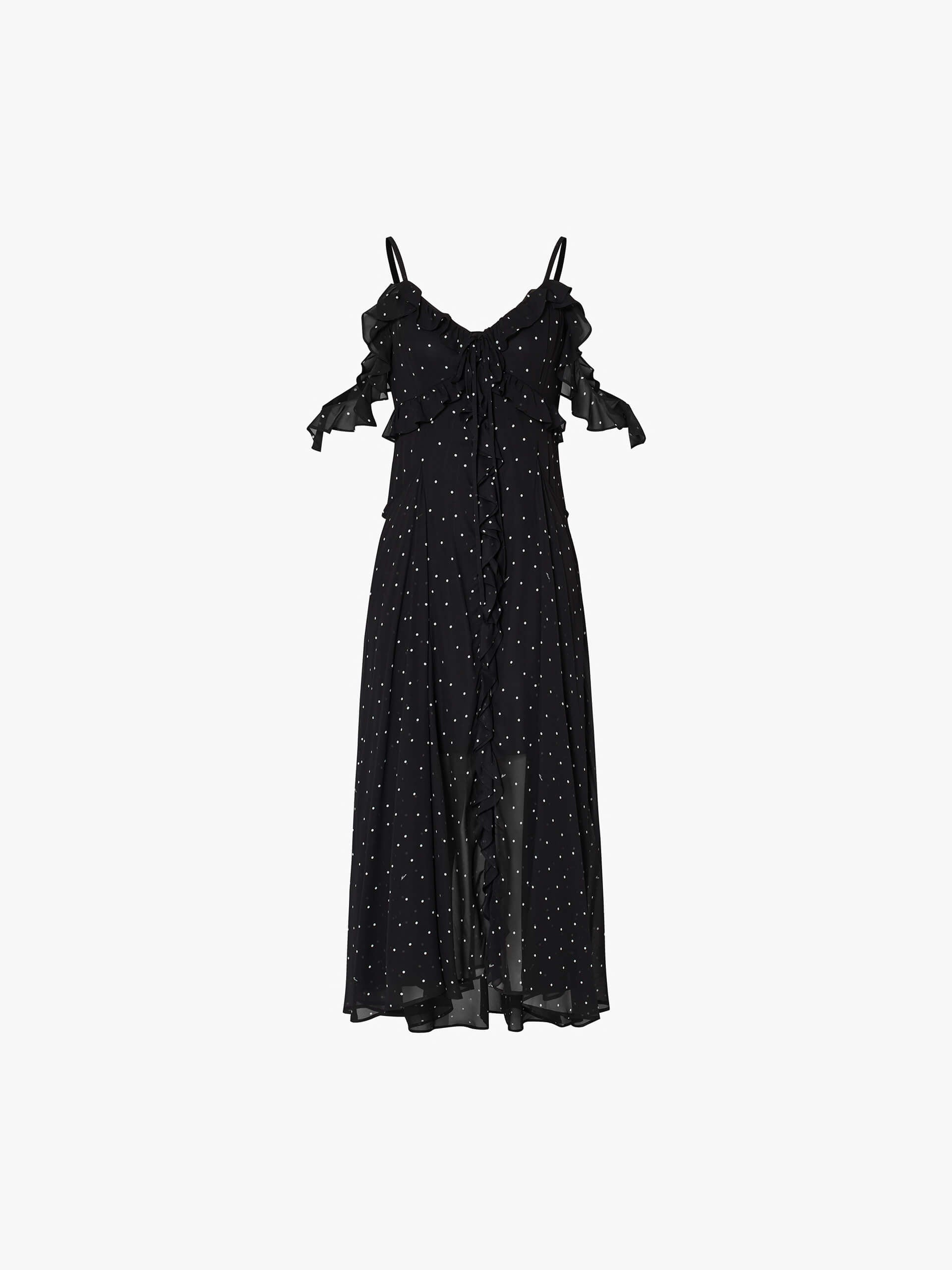 MO&Co. Noir Women's 100% Silk Polka-dot Cami Midi Dress Black - Flowy V-Neck