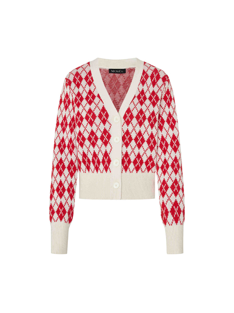 MO&Co. Women's Argyle Checkered Wool Blend Cropped Knit Cardigan in Red and White