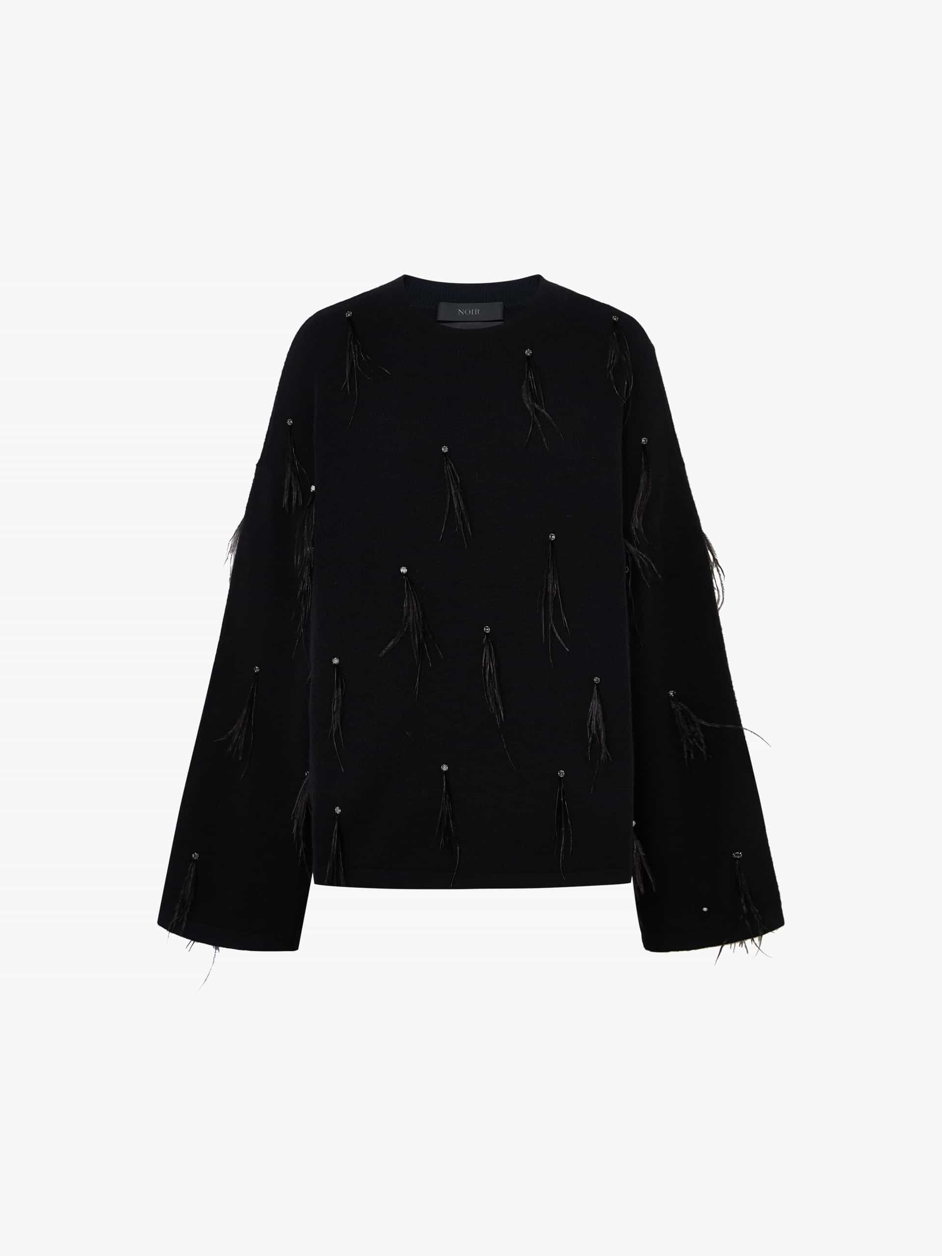 MO&Co. Noir Women's Feather Embellished Wool and Cashmere Knit Pullover