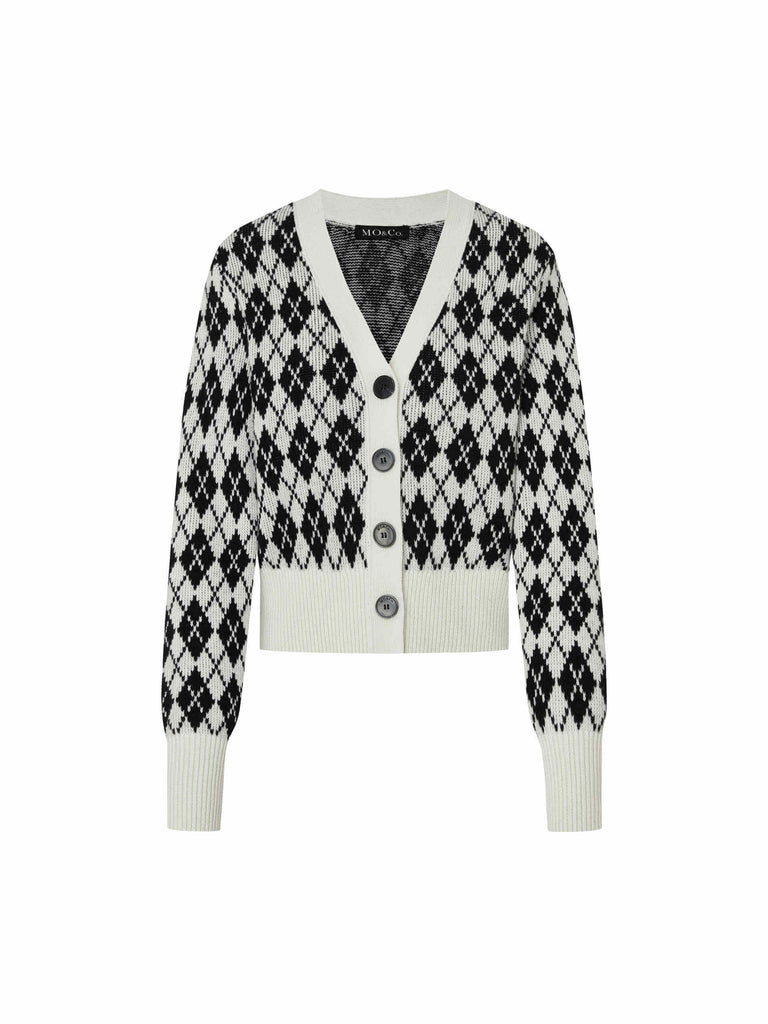 MO&Co. Women's Argyle Checkered Wool Blend Cropped Knit Cardigan in Black and White