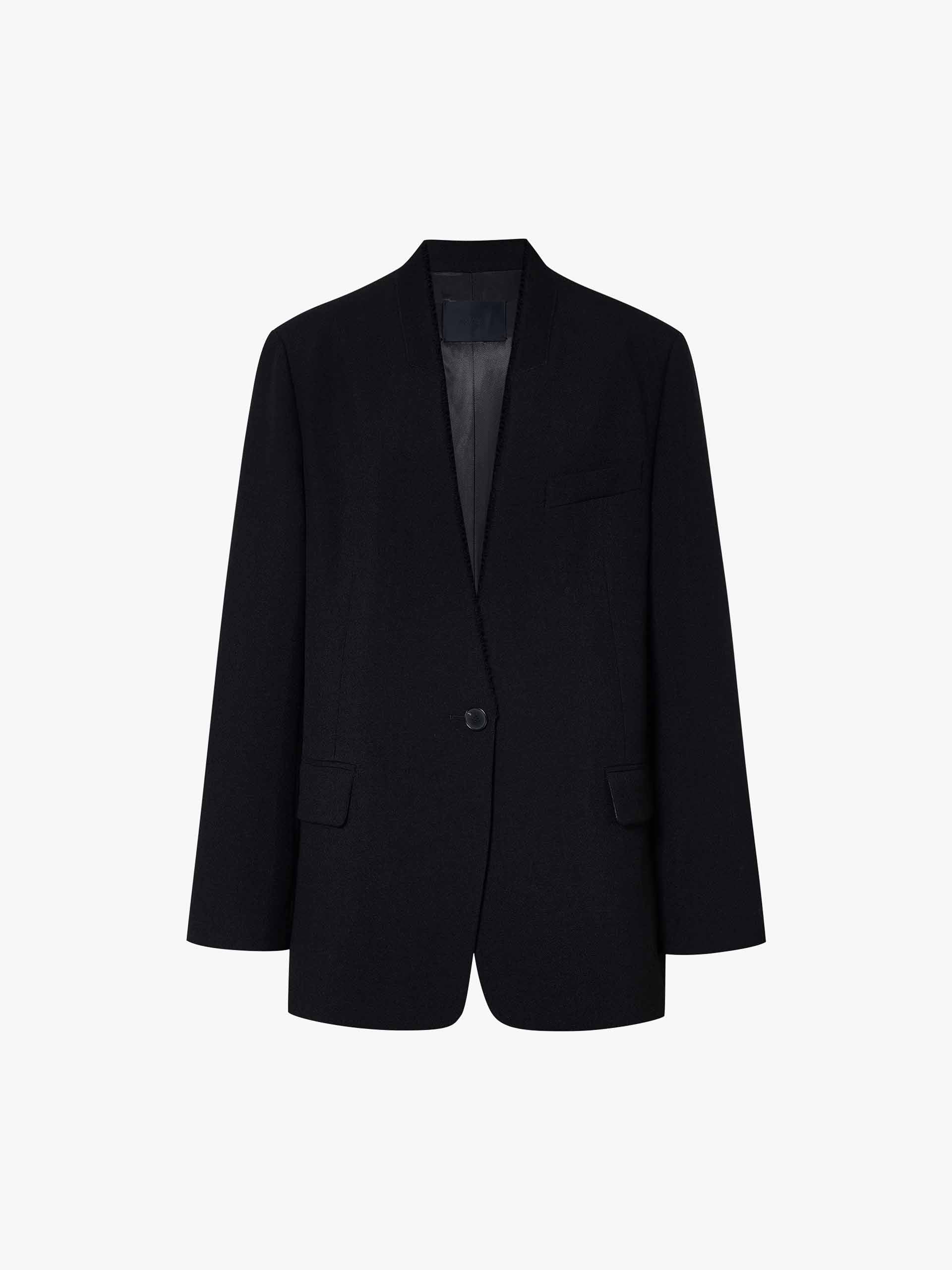 MO&Co. Women's 100% Wool Raw Trim Collarless Blazer in Black