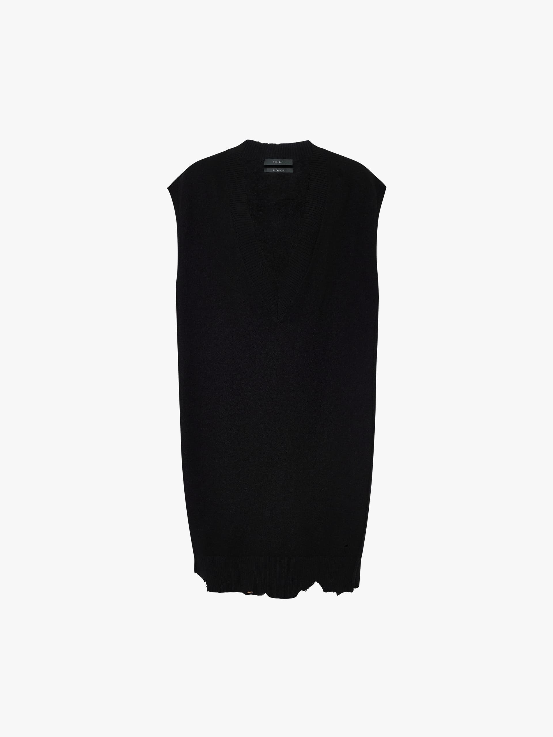 MO&Co. Noir Collection Women's Pure Wool V-neck Tank Knit Dress with Distressed detailing
