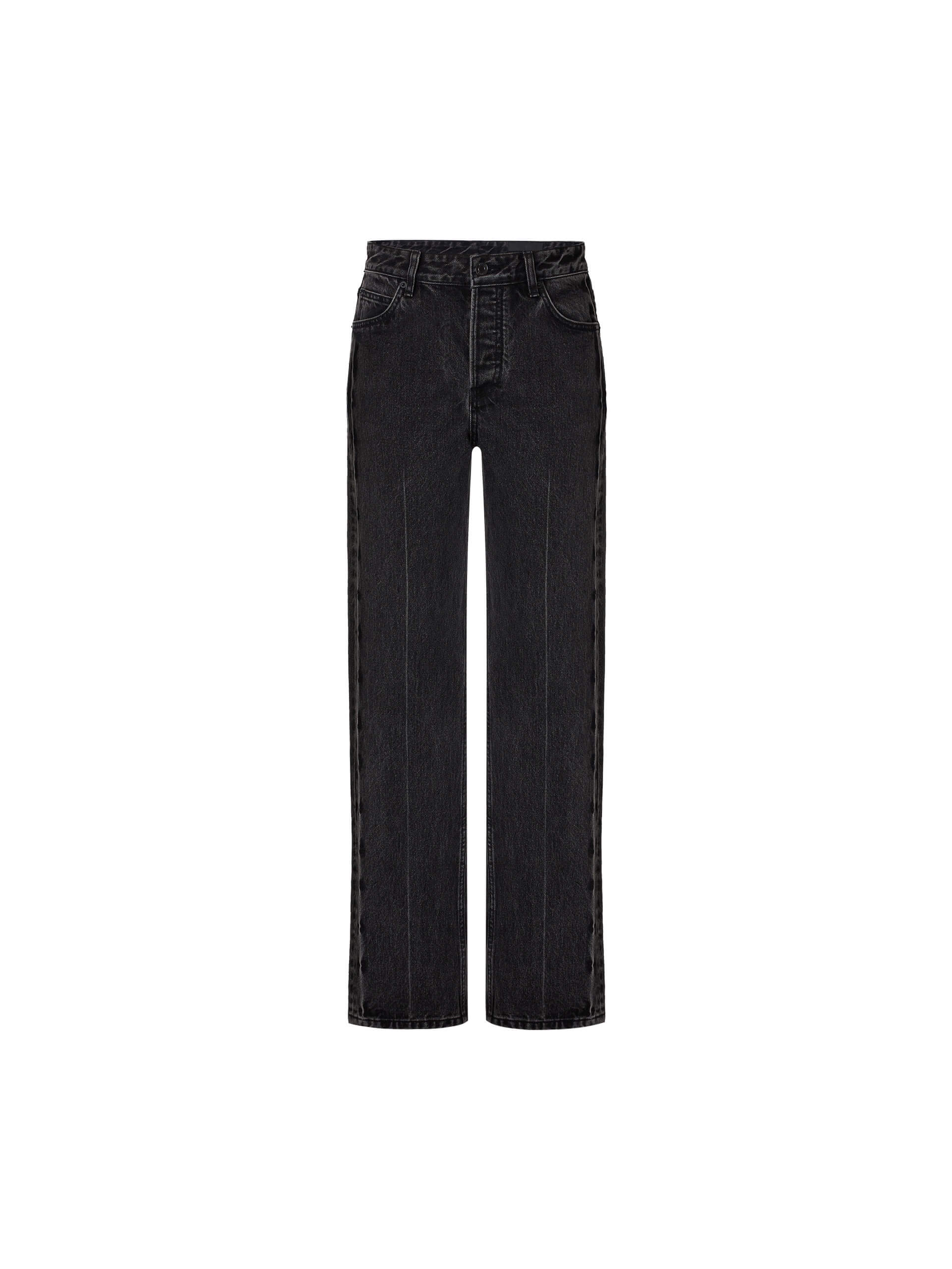 MO&Co. Noir Women's High Waist Black Straight Jeans Cotton features a regular fit, straight leg, and full length, these jeans also offer a button fly, five-pocket design, and a chic side-washed faded effect.