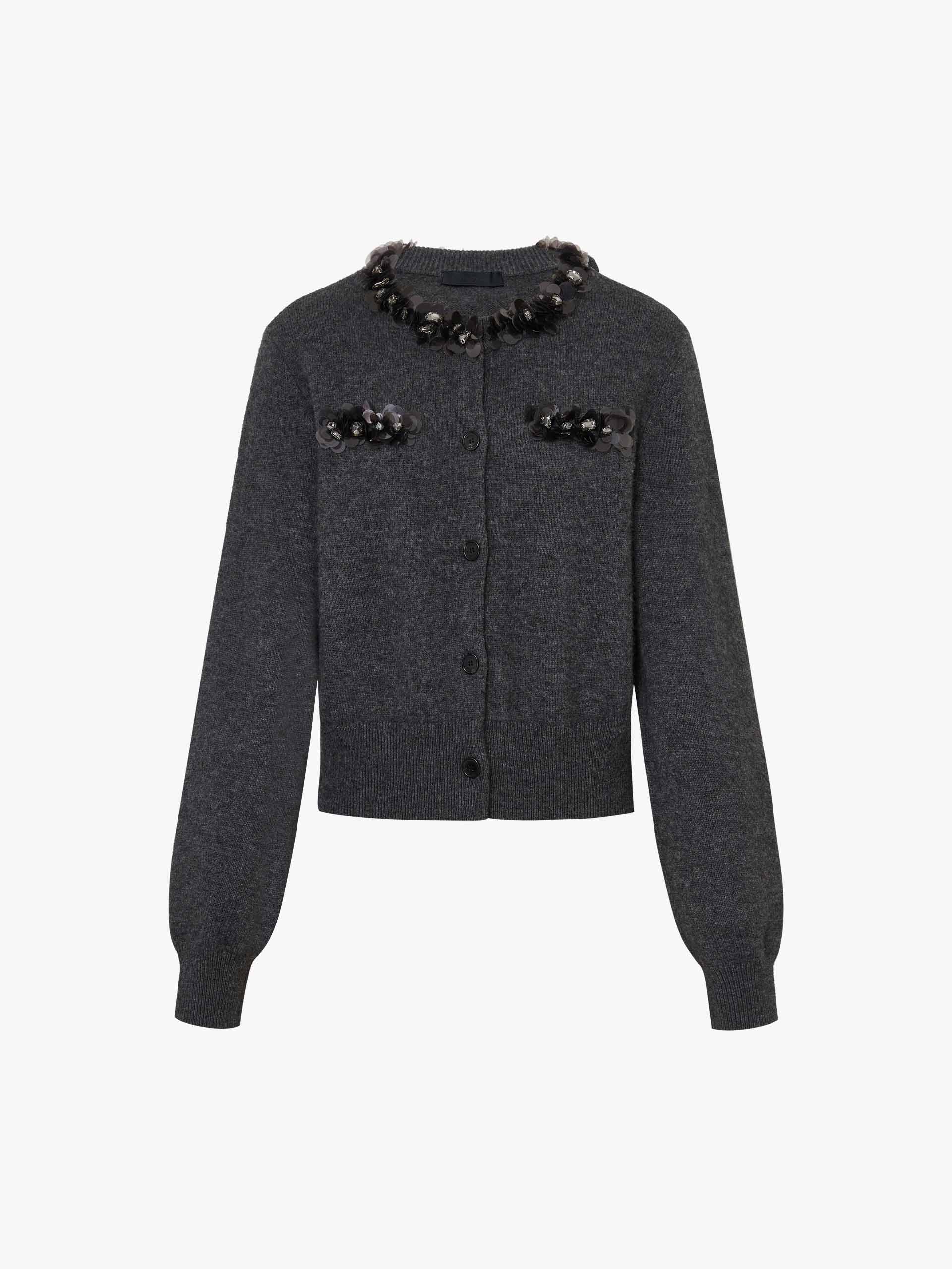 MO&Co. Women's Wool and Cashmere Blend Sequins Detail Close Fit Cardigan in Grey