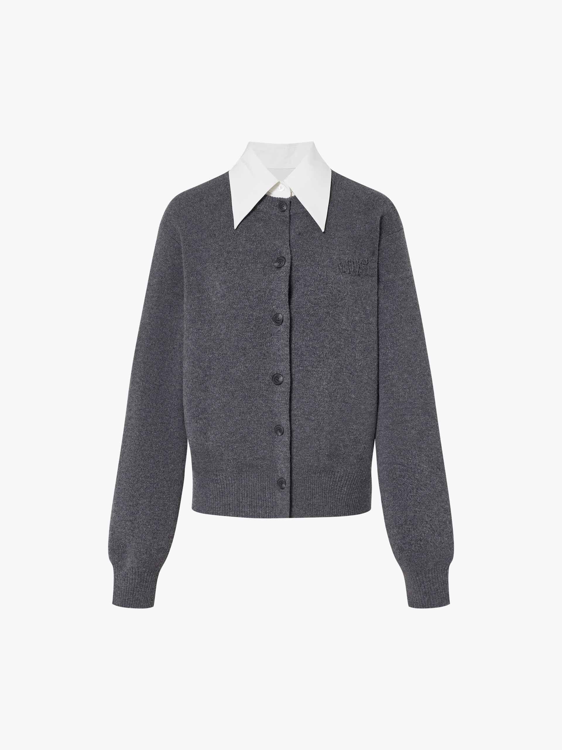 MO&Co. Women's Wool Cashmere Cardigan in Grey with Contrast Shirt Collar