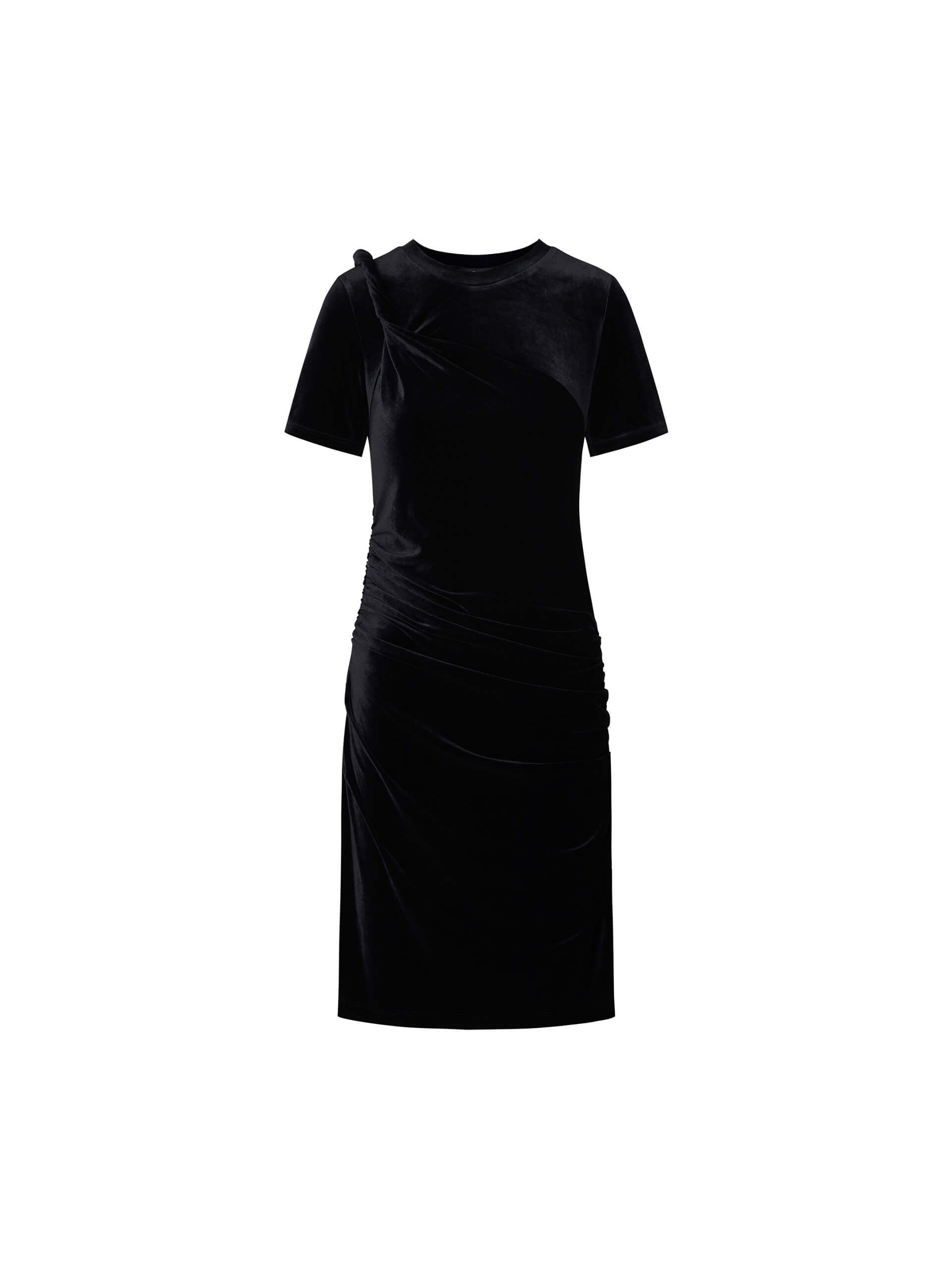 MO&Co. Women's Black Twisted Detail Pleated Mini Dress with Short Sleeves